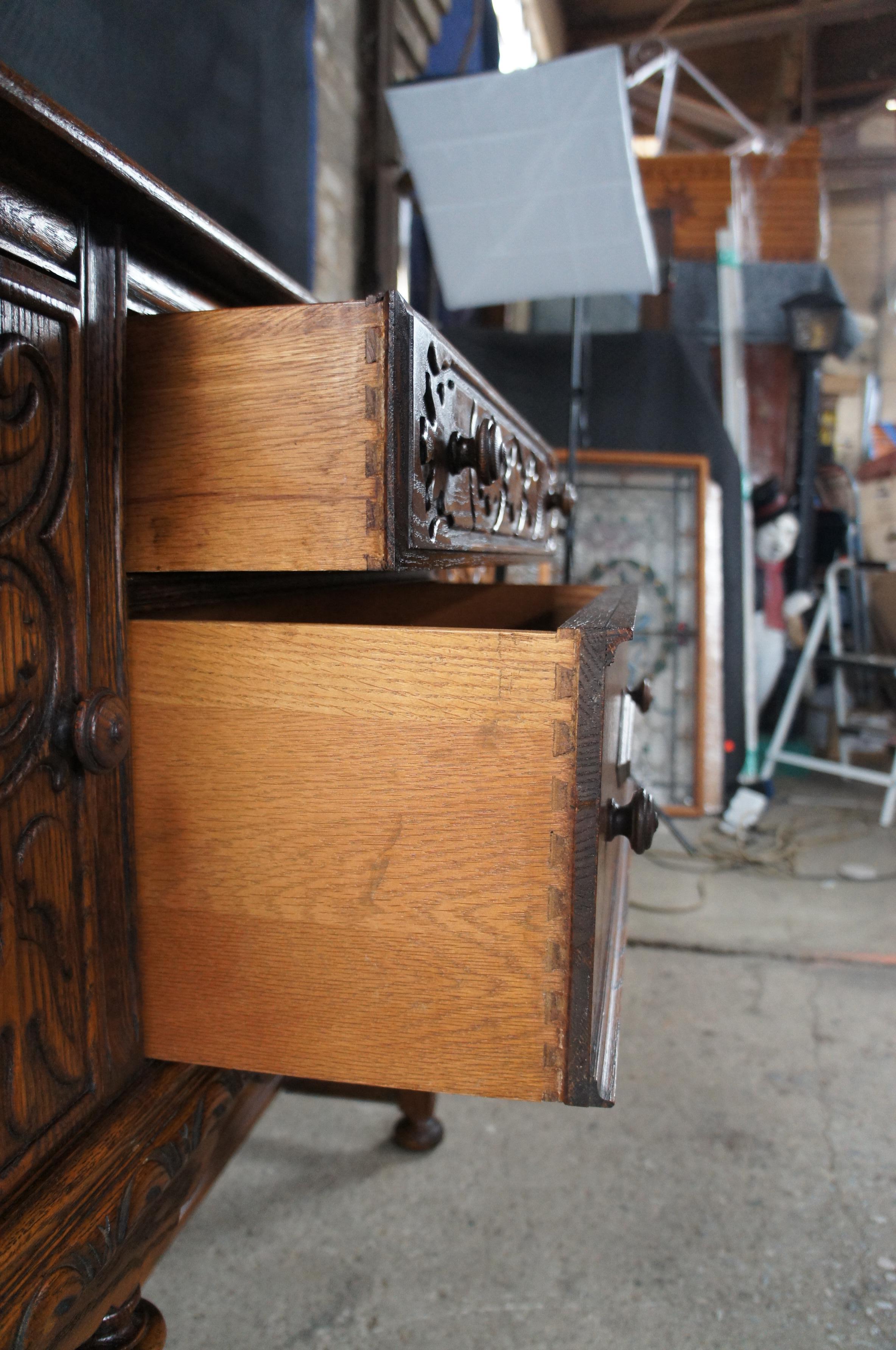 Antique English Jacobean Revival Oak Carved Buffet Server Sideboard Credenza 1