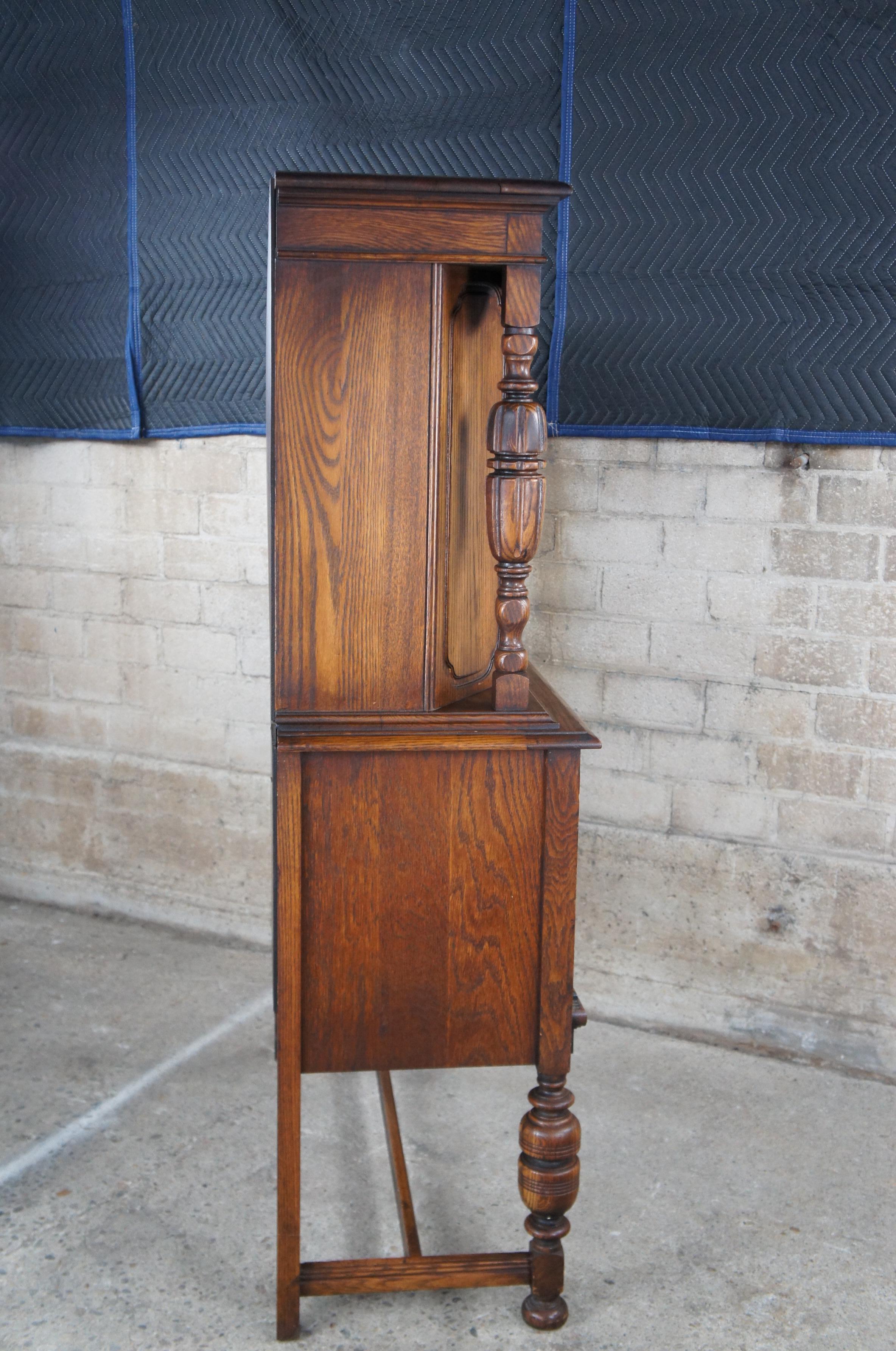 Antique English Jacobean Revival Oak Court Cupboard China Cabinet Hutch 5
