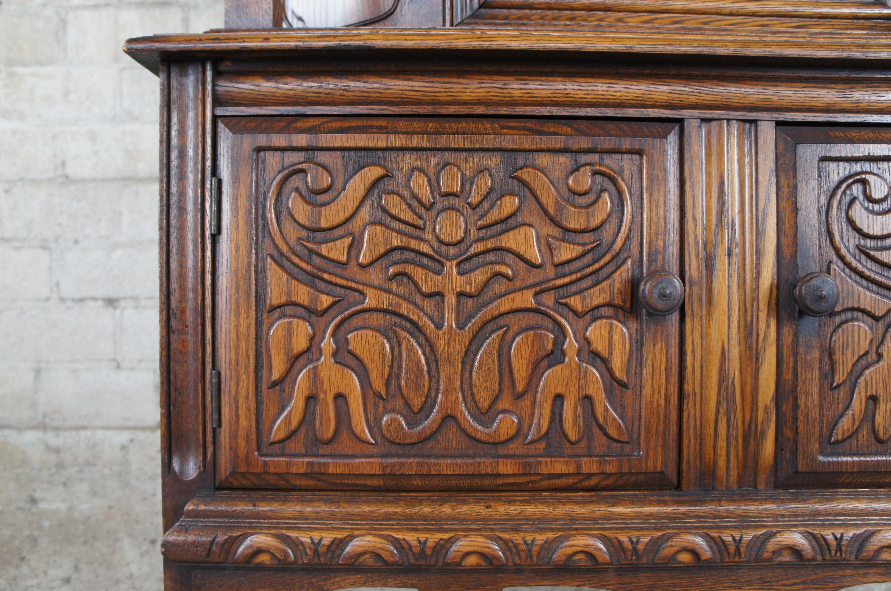 20th Century Antique English Jacobean Revival Oak Court Cupboard China Cabinet Hutch