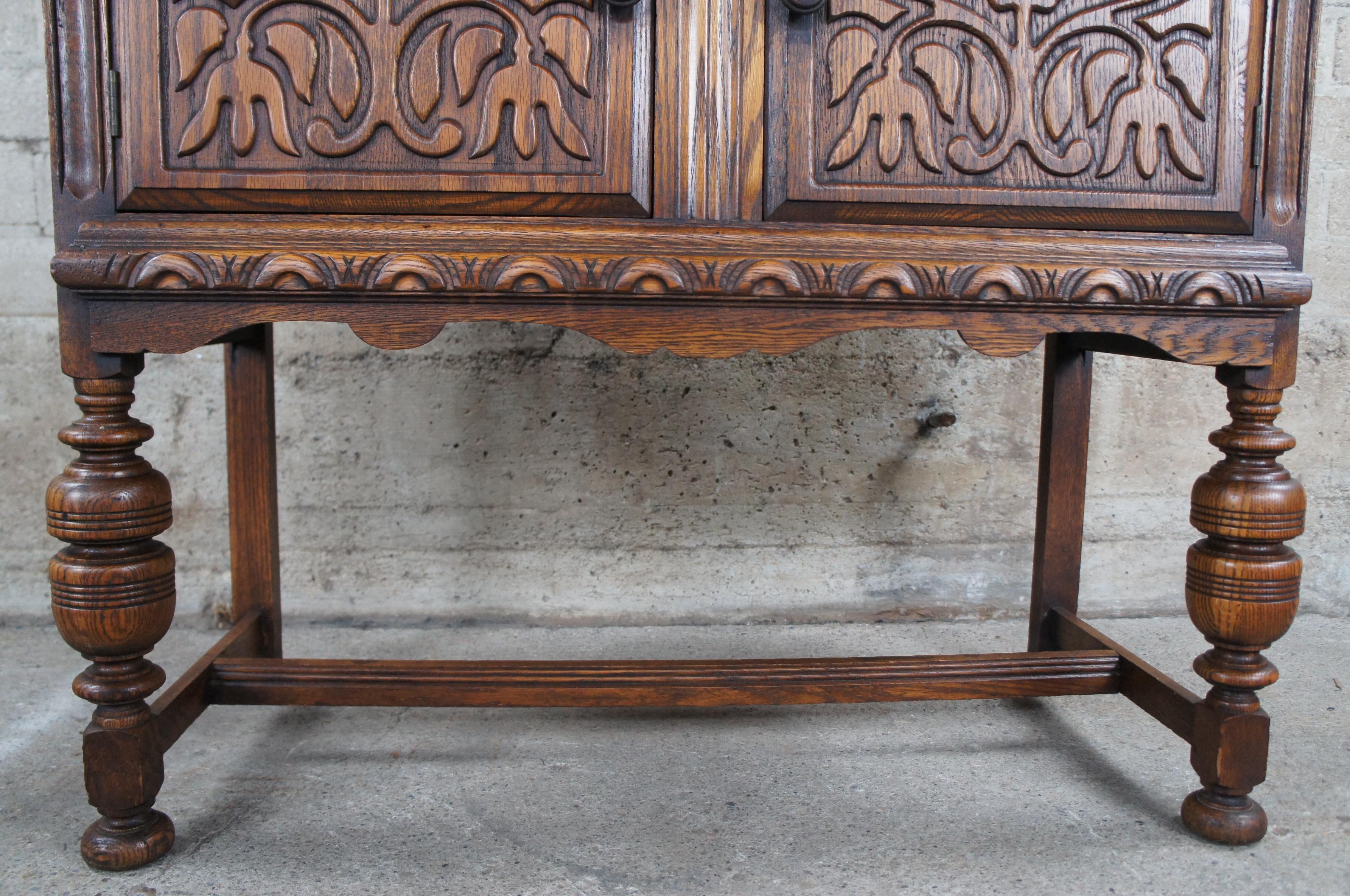 Antique English Jacobean Revival Oak Court Cupboard China Cabinet Hutch 1