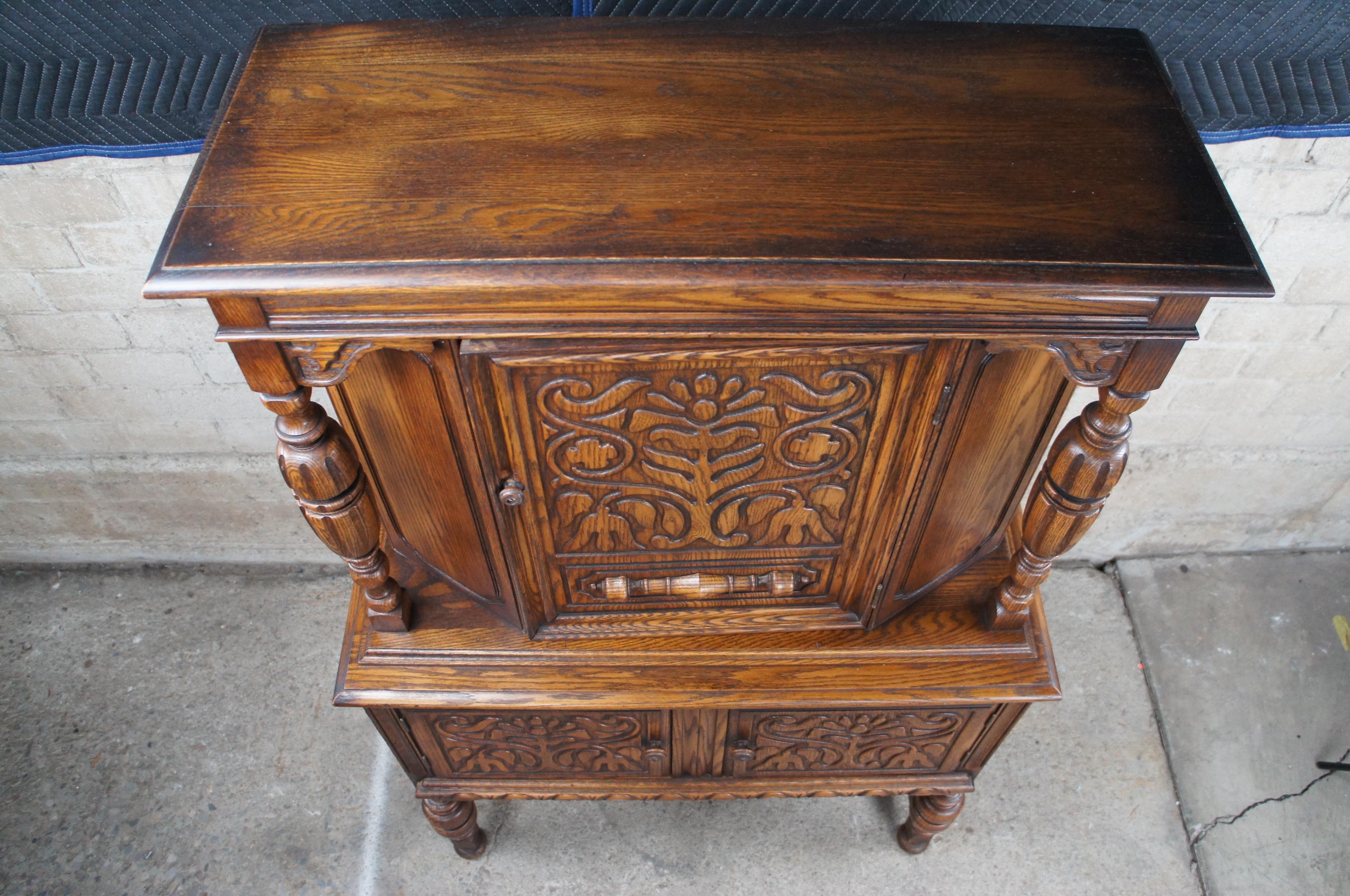 Antique English Jacobean Revival Oak Court Cupboard China Cabinet Hutch 2
