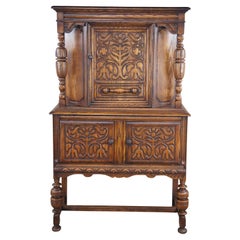 Antique English Jacobean Revival Oak Court Cupboard China Cabinet Hutch