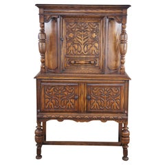 Used English Jacobean Revival Oak Court Cupboard China Cabinet Hutch