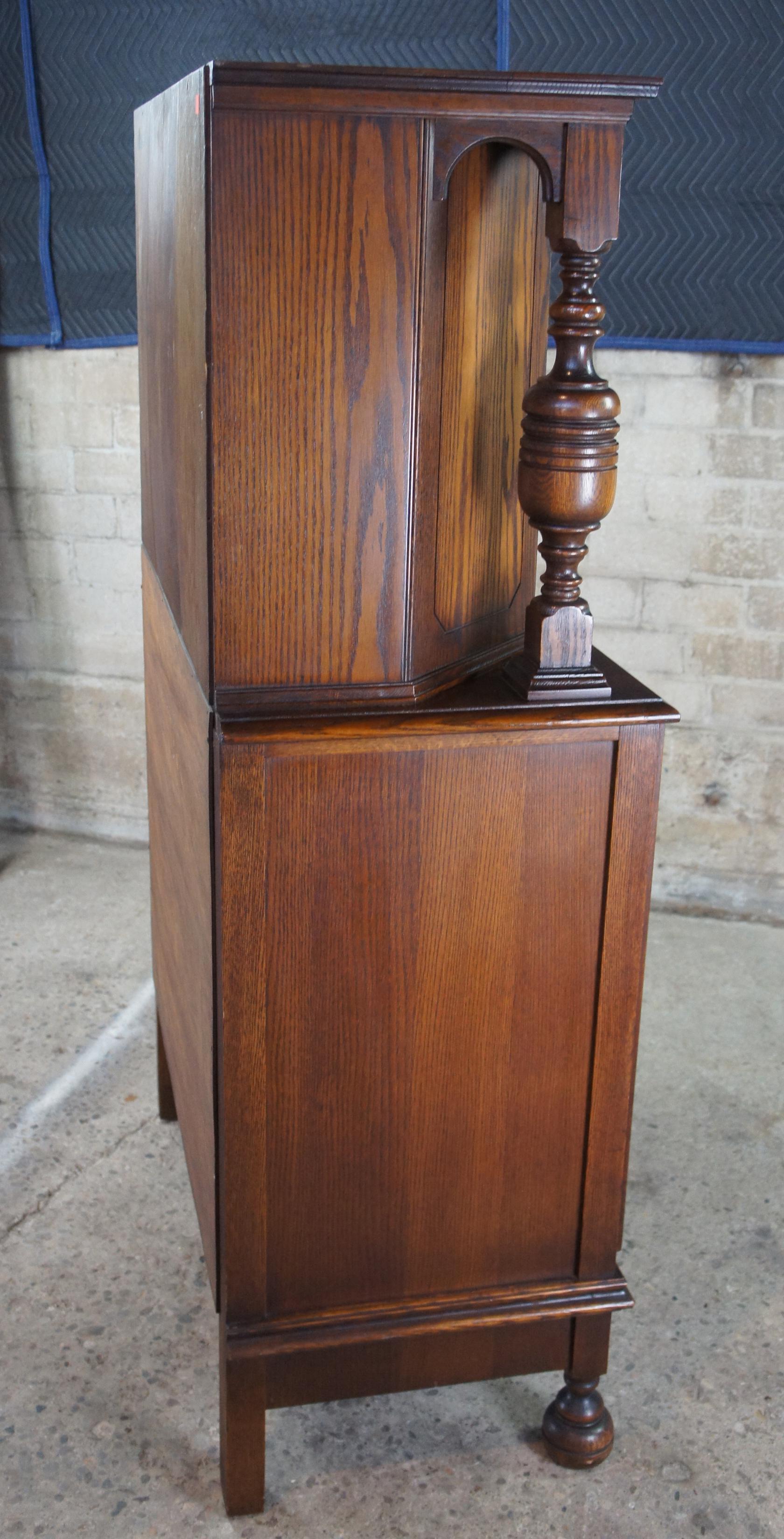 Antique English Jacobean Revival Oak Court Cupboard China Cabinet Hutch 5