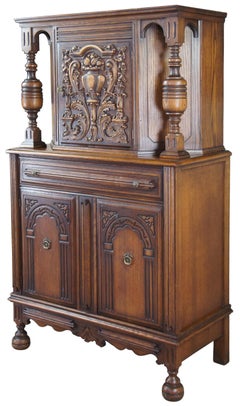 Antique English Jacobean Revival Oak Court Cupboard China Cabinet Hutch