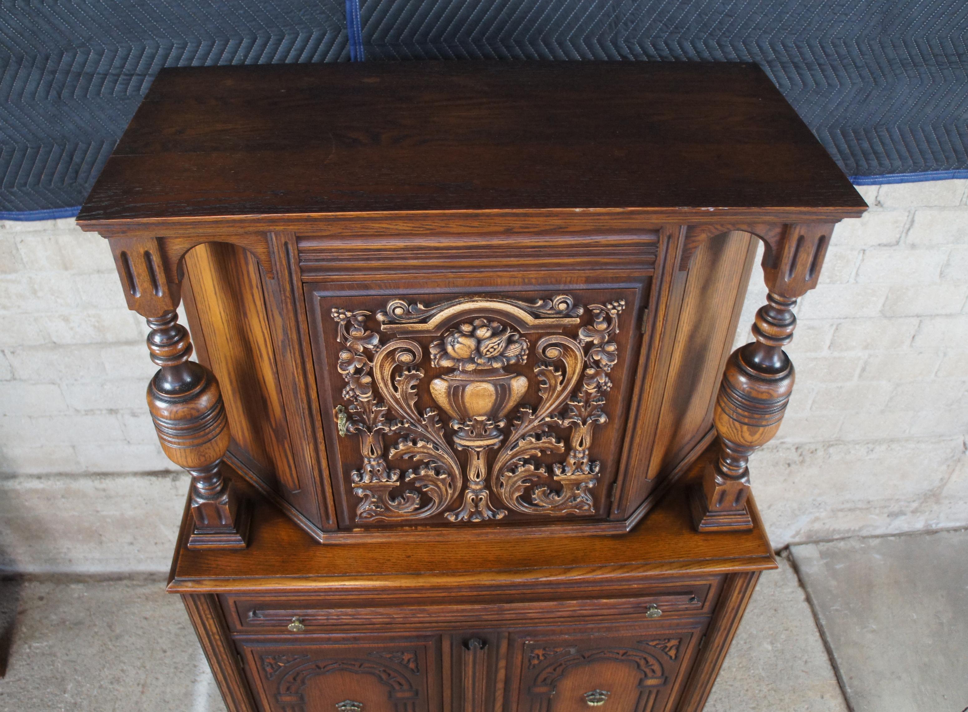 Antique English Jacobean Revival Oak Court Cupboard China Cabinet Hutch 1
