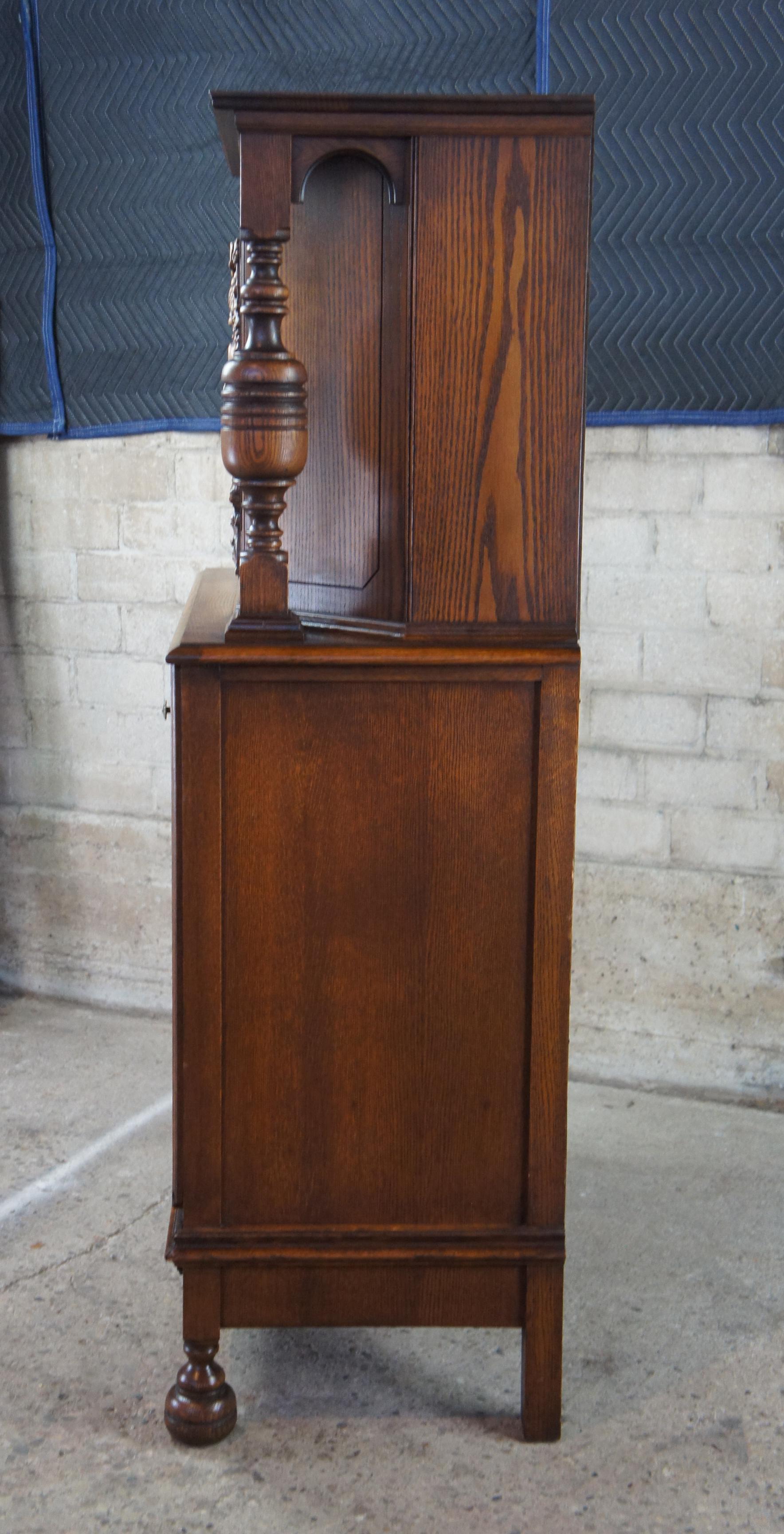 Antique English Jacobean Revival Oak Court Cupboard China Cabinet Hutch 2