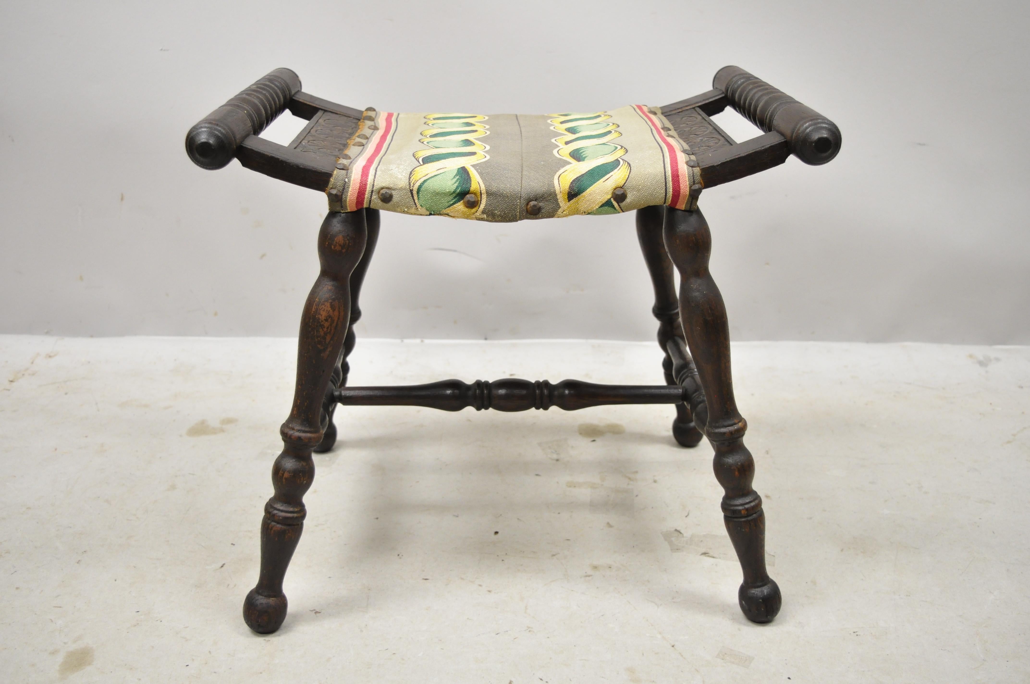 Antique English Jacobean Shell Carved Oak Spindle Bench Upholstered Seat Stool 6