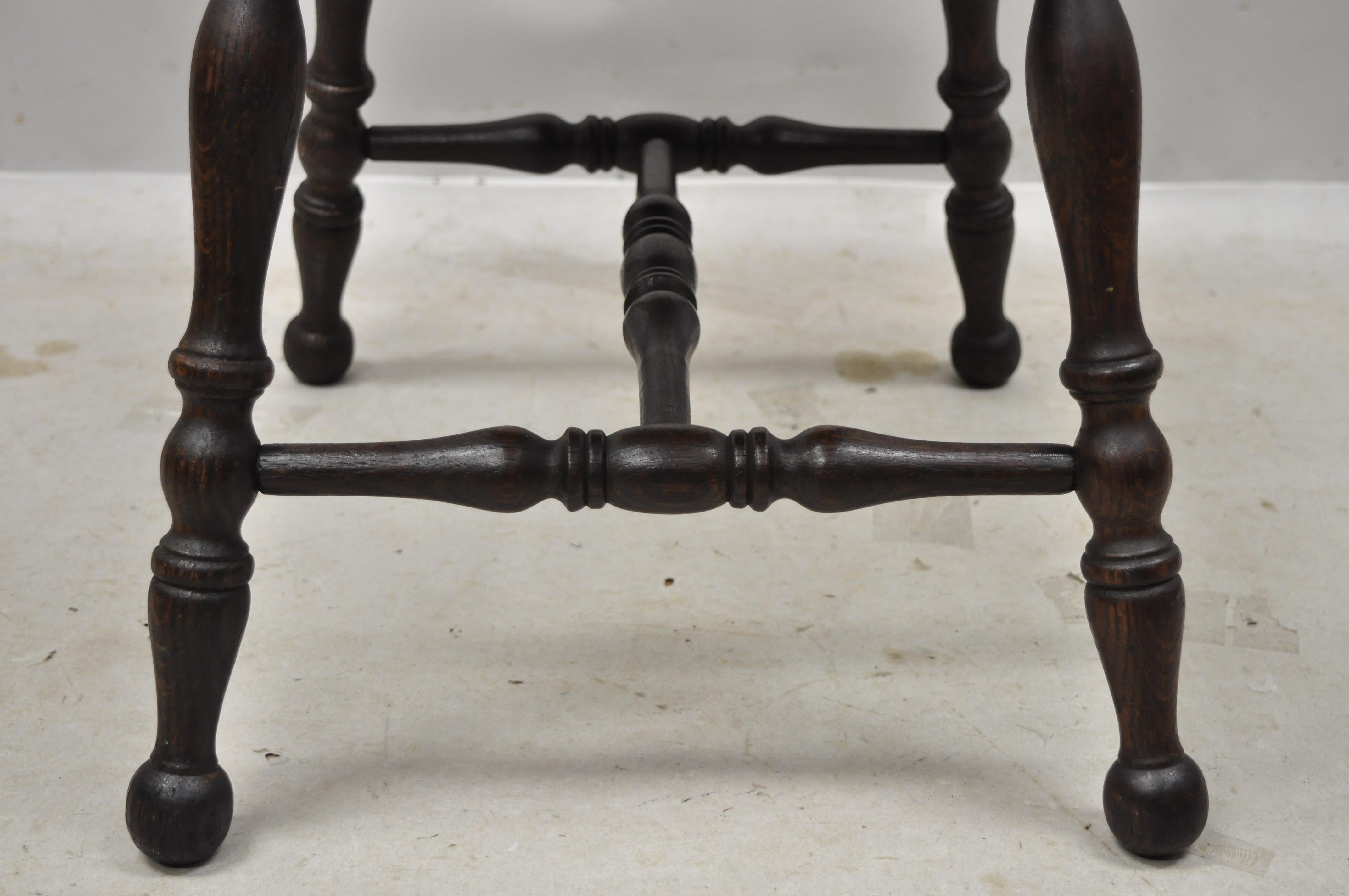Antique English Jacobean Shell Carved Oak Spindle Bench Upholstered Seat Stool 2
