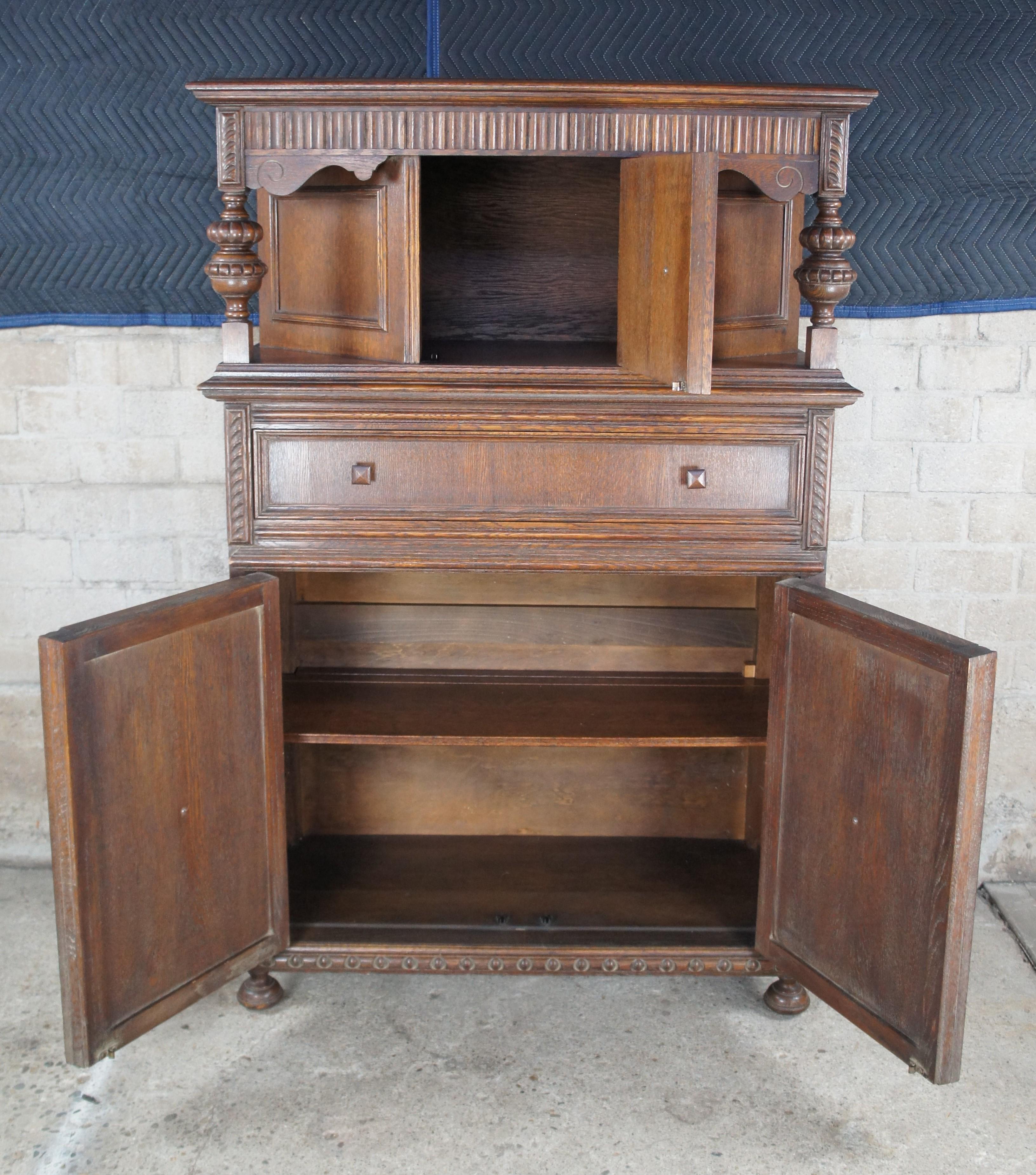 Early 20th Century Antique English Jacobean Style Carved Oak Court Cupboard Hutch Sideboard Dry Bar For Sale