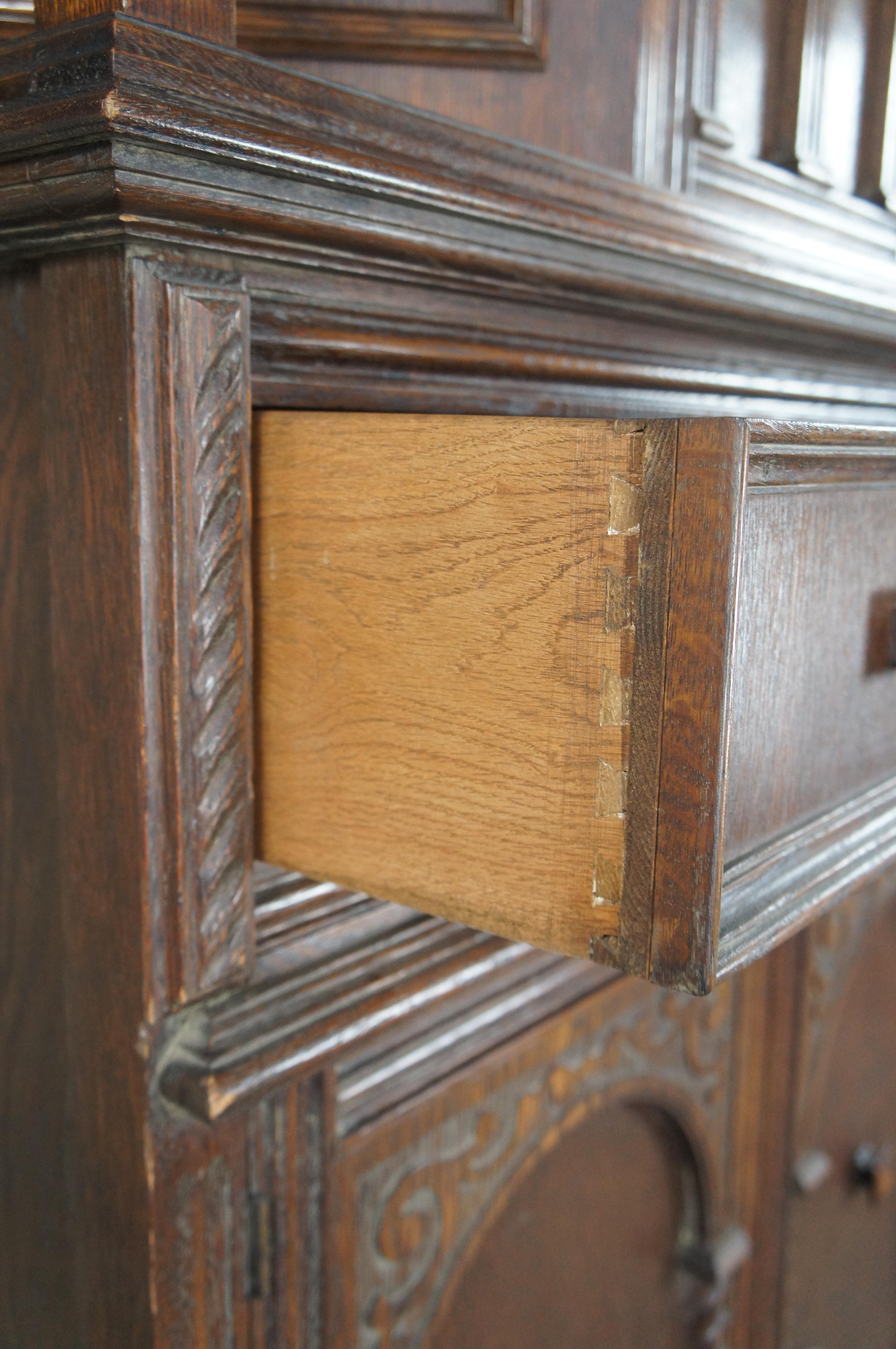 Antique English Jacobean Style Carved Oak Court Cupboard Hutch Sideboard Dry Bar For Sale 1