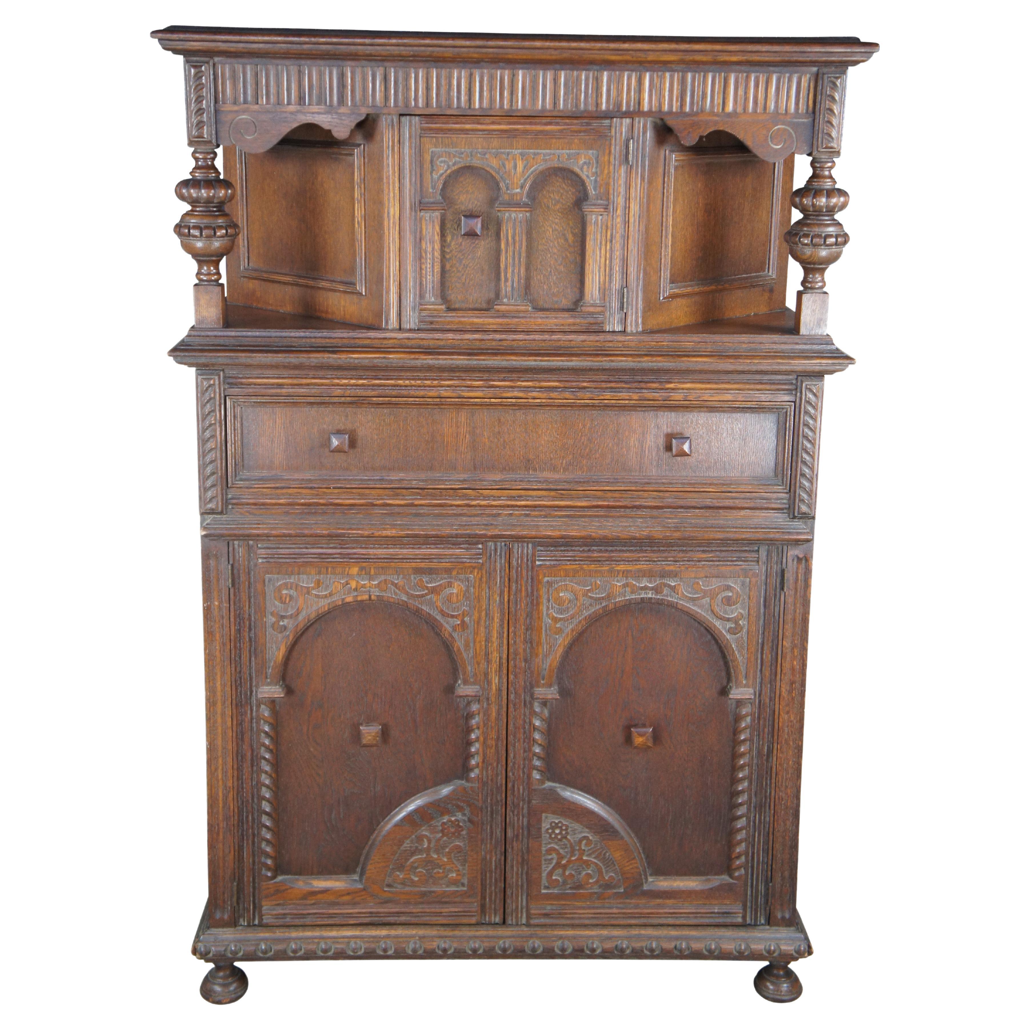 Antique English Jacobean Style Carved Oak Court Cupboard Hutch Sideboard Dry Bar For Sale