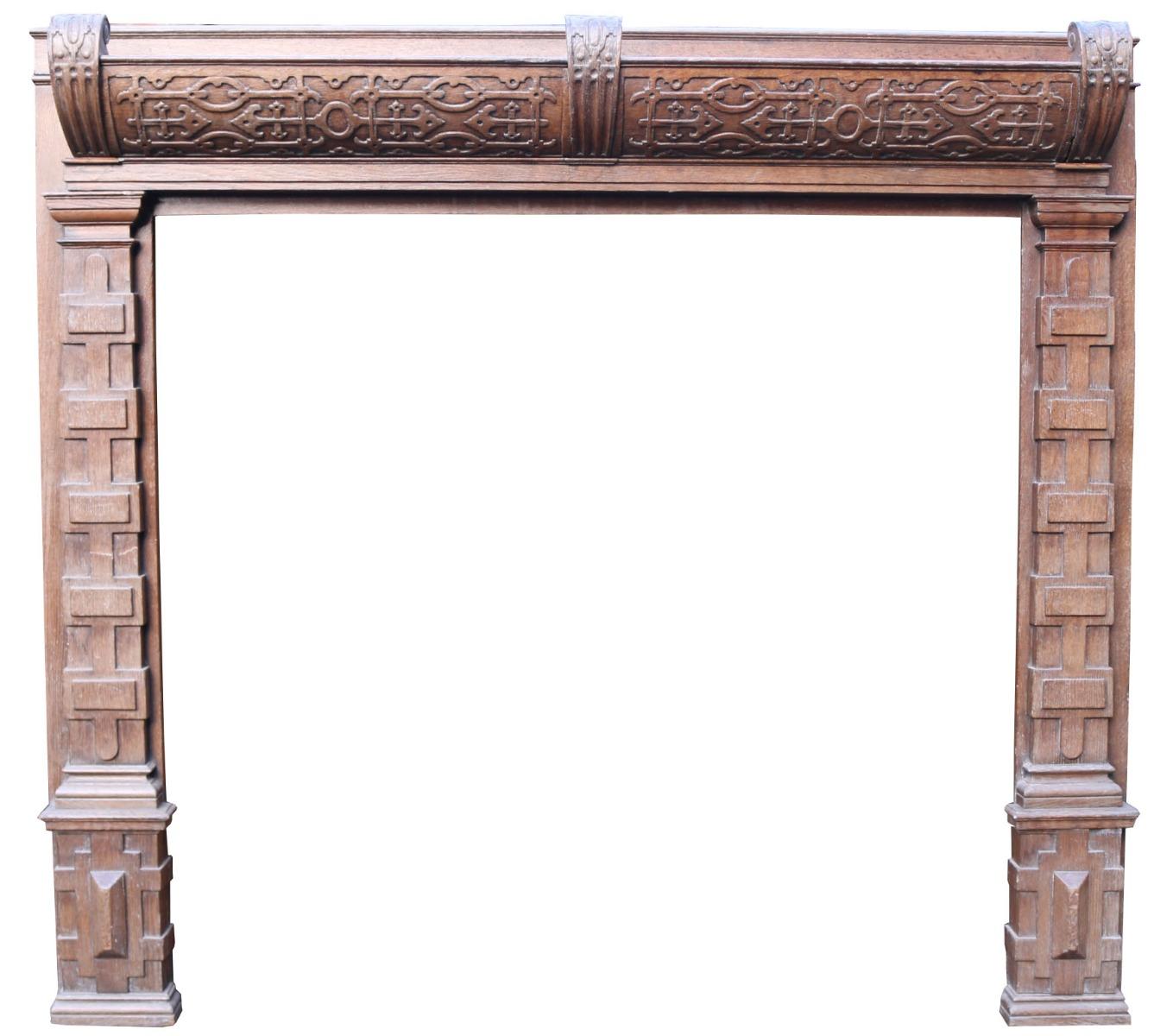 A late 19th century carved oak fire surround in the Jacobean style.

Additional dimensions:

Opening height 138.5 cm

Opening width 138.5 cm.