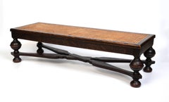 Antique English Jacobean Style Oak And Cane Long Stool Bench