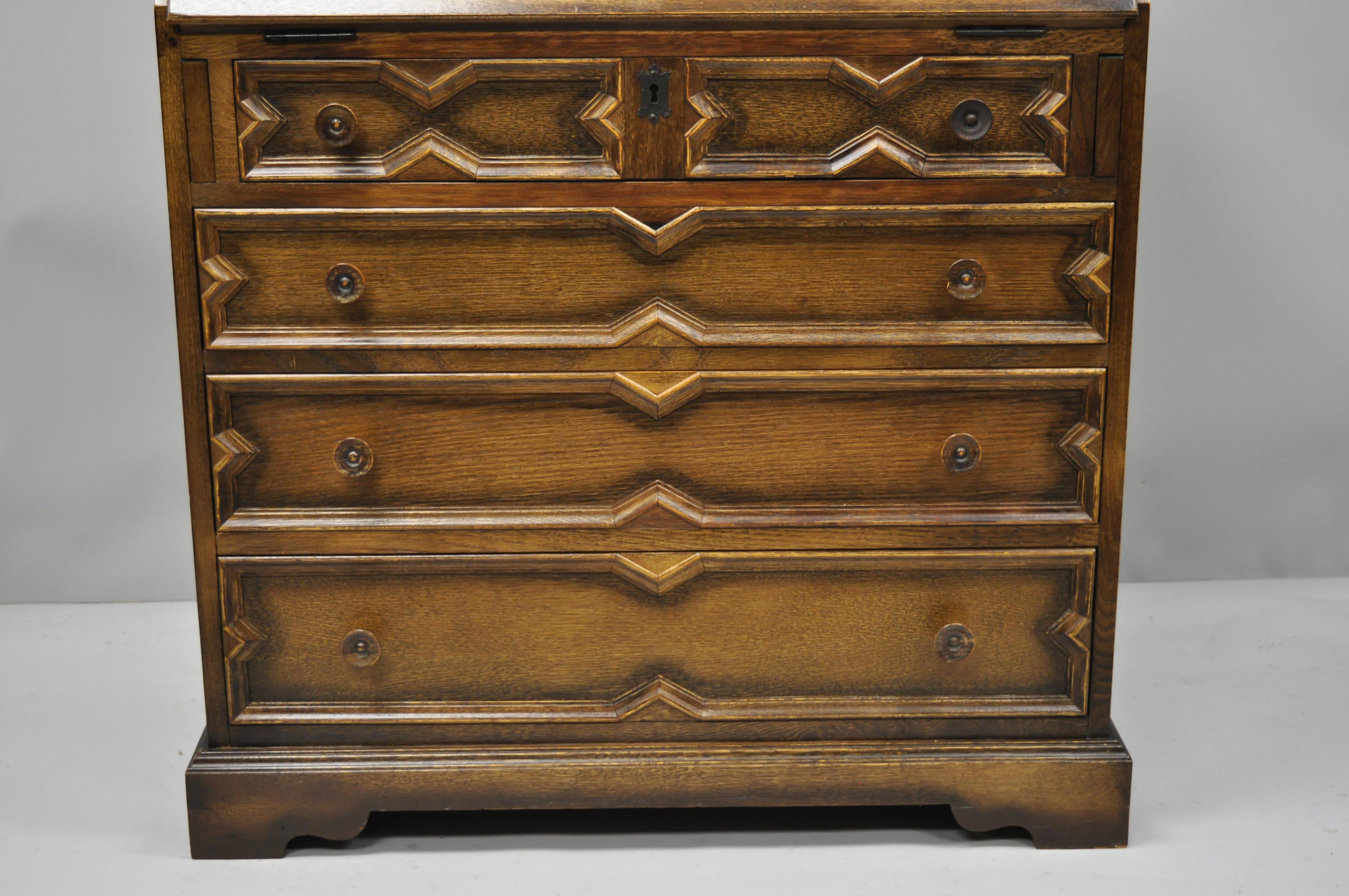 Antique English Jacobean Style Tiger Oak Wood Drop Front Secretary Desk 3