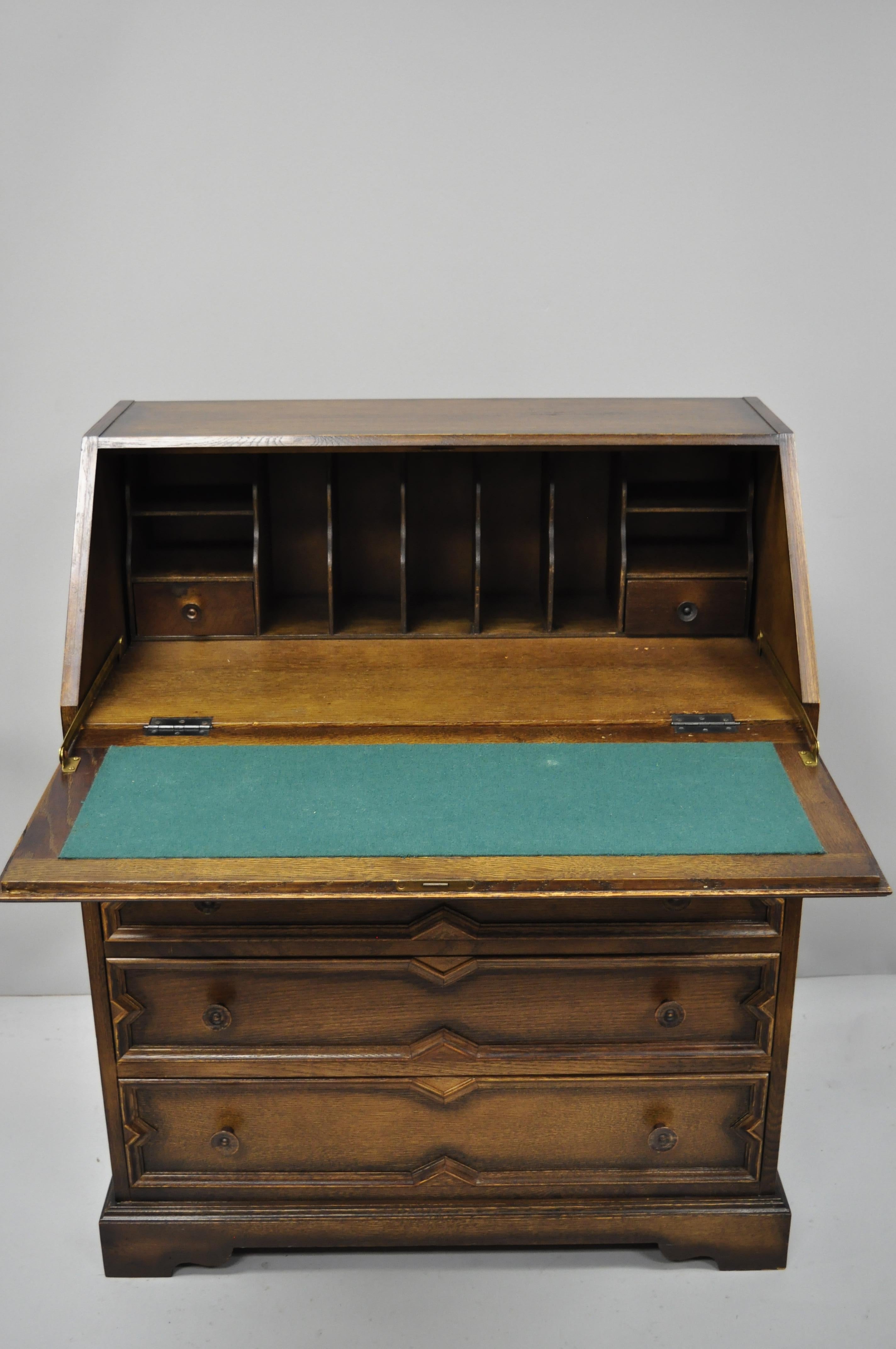 American Antique English Jacobean Style Tiger Oak Wood Drop Front Secretary Desk