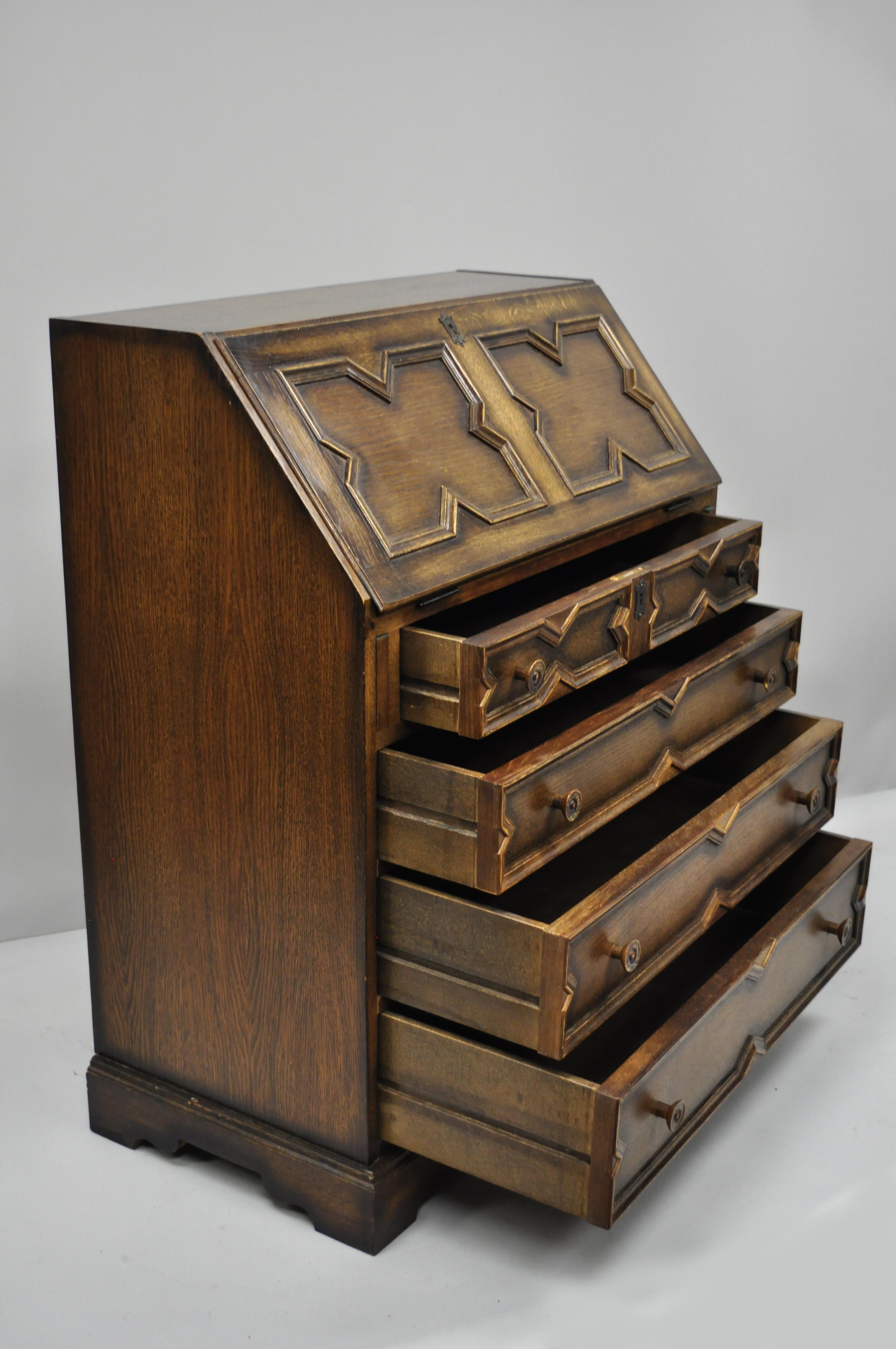 Antique English Jacobean Style Tiger Oak Wood Drop Front Secretary Desk In Good Condition In Philadelphia, PA