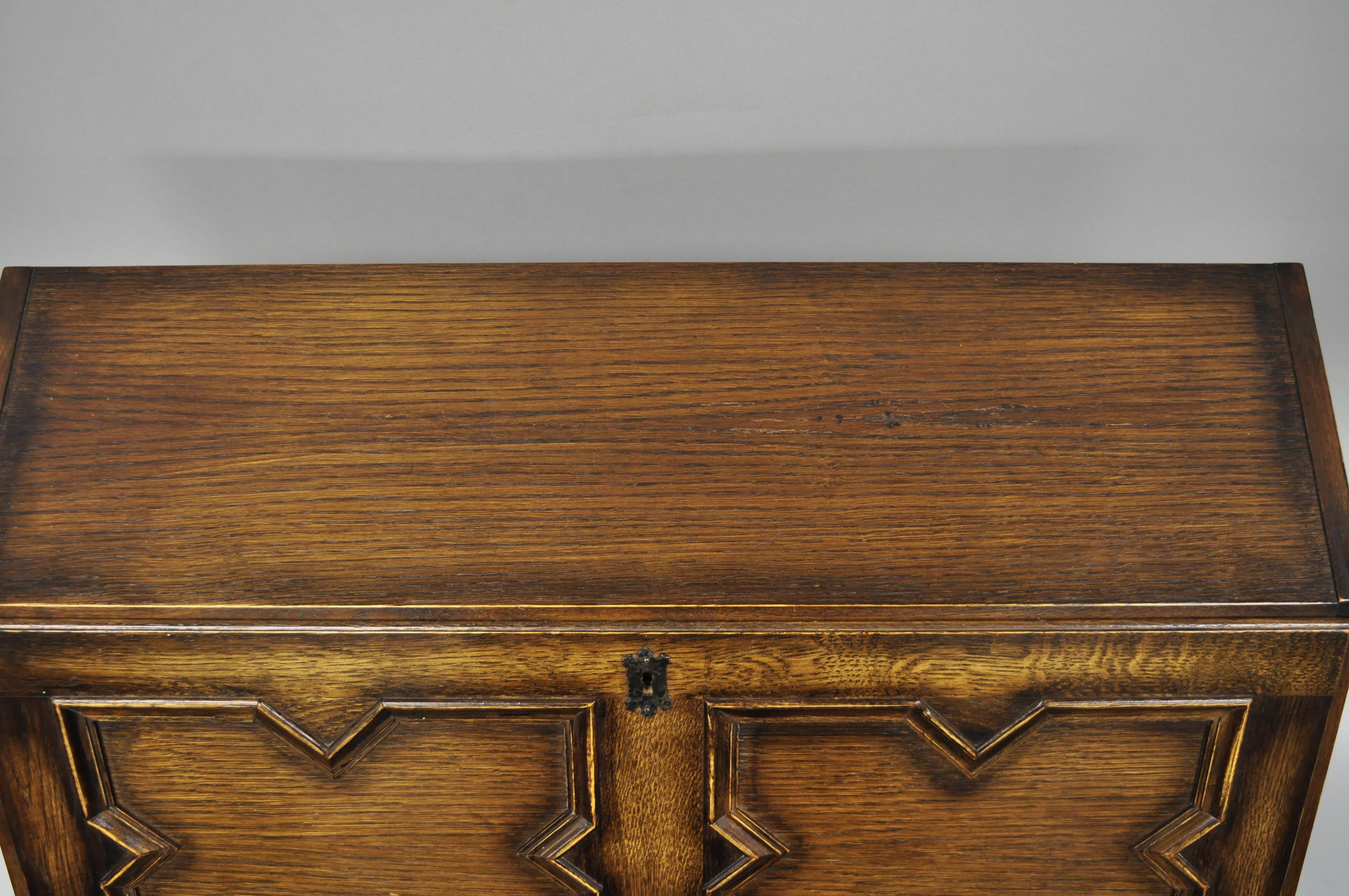 Antique English Jacobean Style Tiger Oak Wood Drop Front Secretary Desk 1