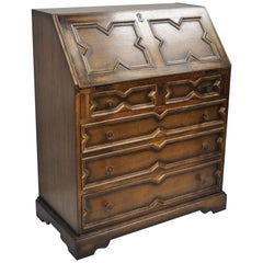 Antique English Jacobean Style Tiger Oak Wood Drop Front Secretary Desk