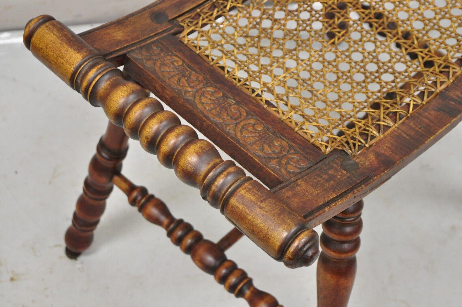 Antique English Jacobean Turn Carved Walnut Cane Seat Spindle Stool For Sale 3