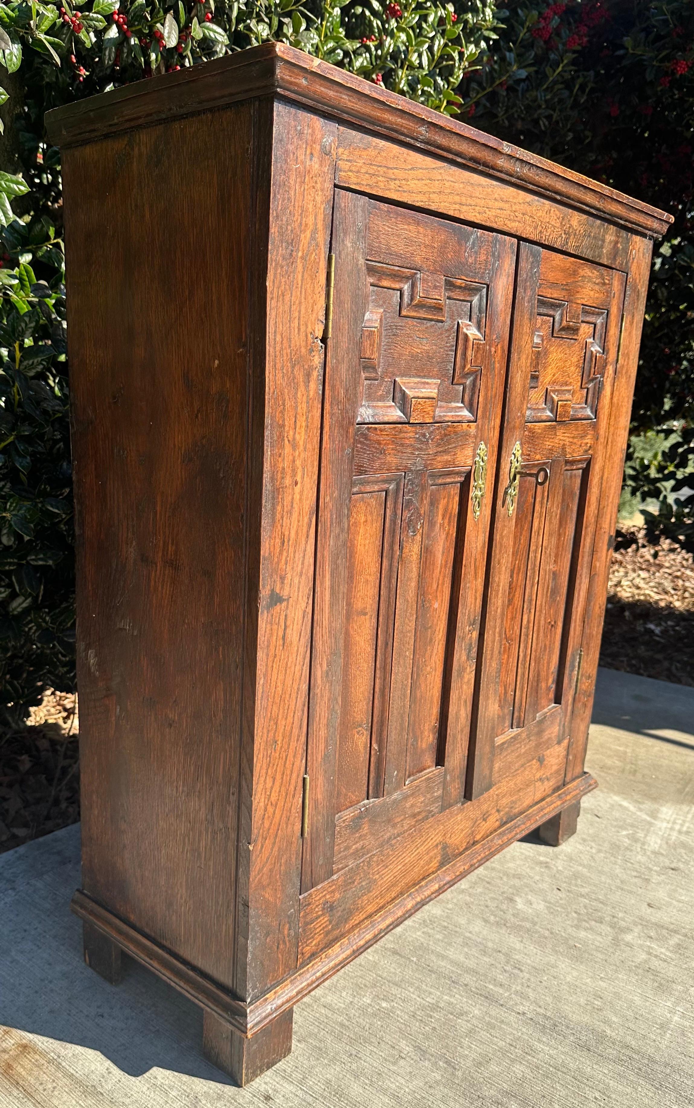 Wood Antique English Jam Cabinet Cupboard 19th century  hand carved oak For Sale