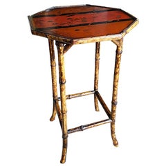 Antique English Japanned Octagonal Burnt Bamboo Wood Table in Red Bird Motif