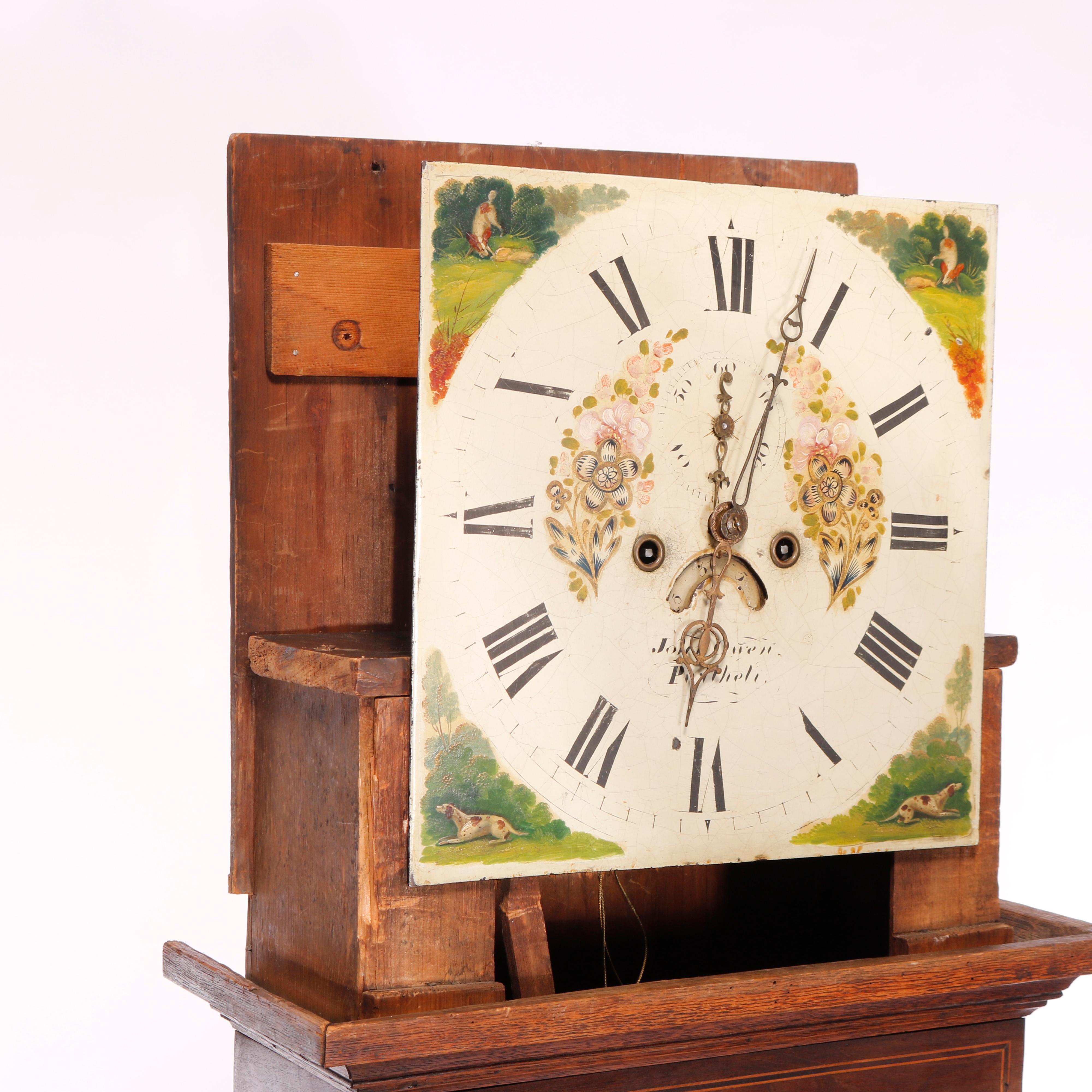 Hand-Painted Antique English John Owen Tall Case Oak & Mahogany Banded Clock, c1820