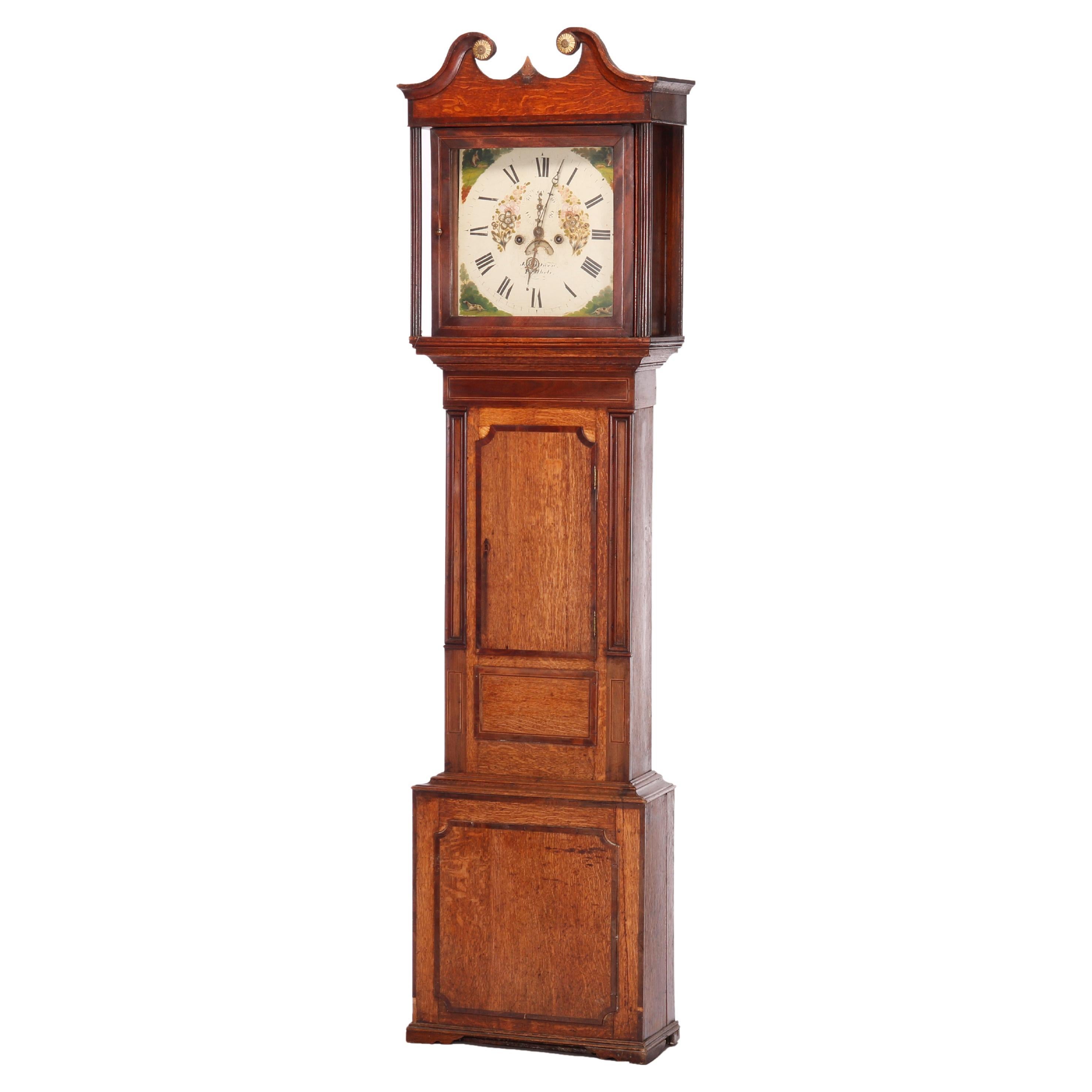 Antique English John Owen Tall Case Oak & Mahogany Banded Clock, c1820