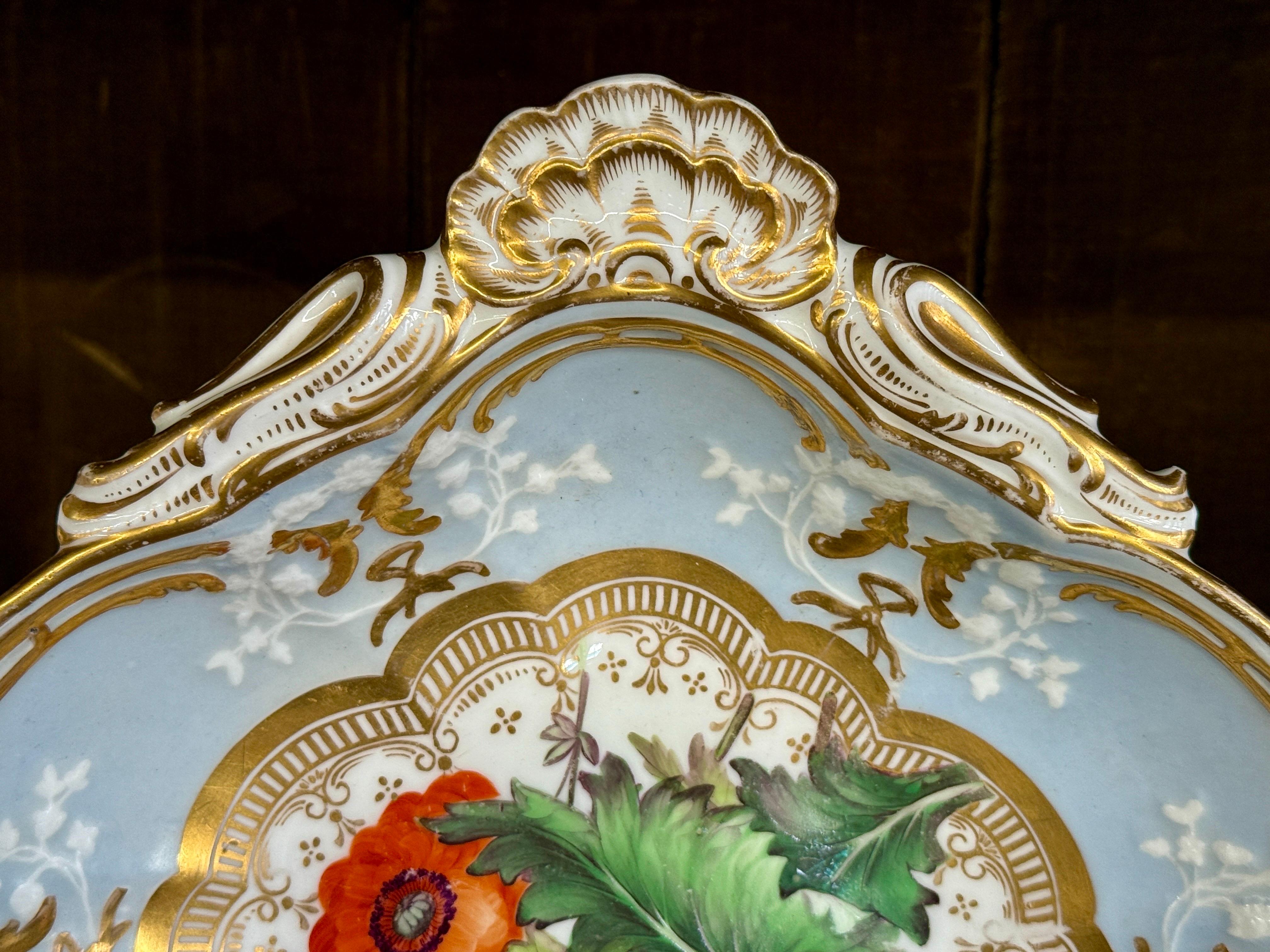 Hand-Crafted Antique English John Rose Coalport Periwinkle and Gilt Botanical Dessert Shell For Sale