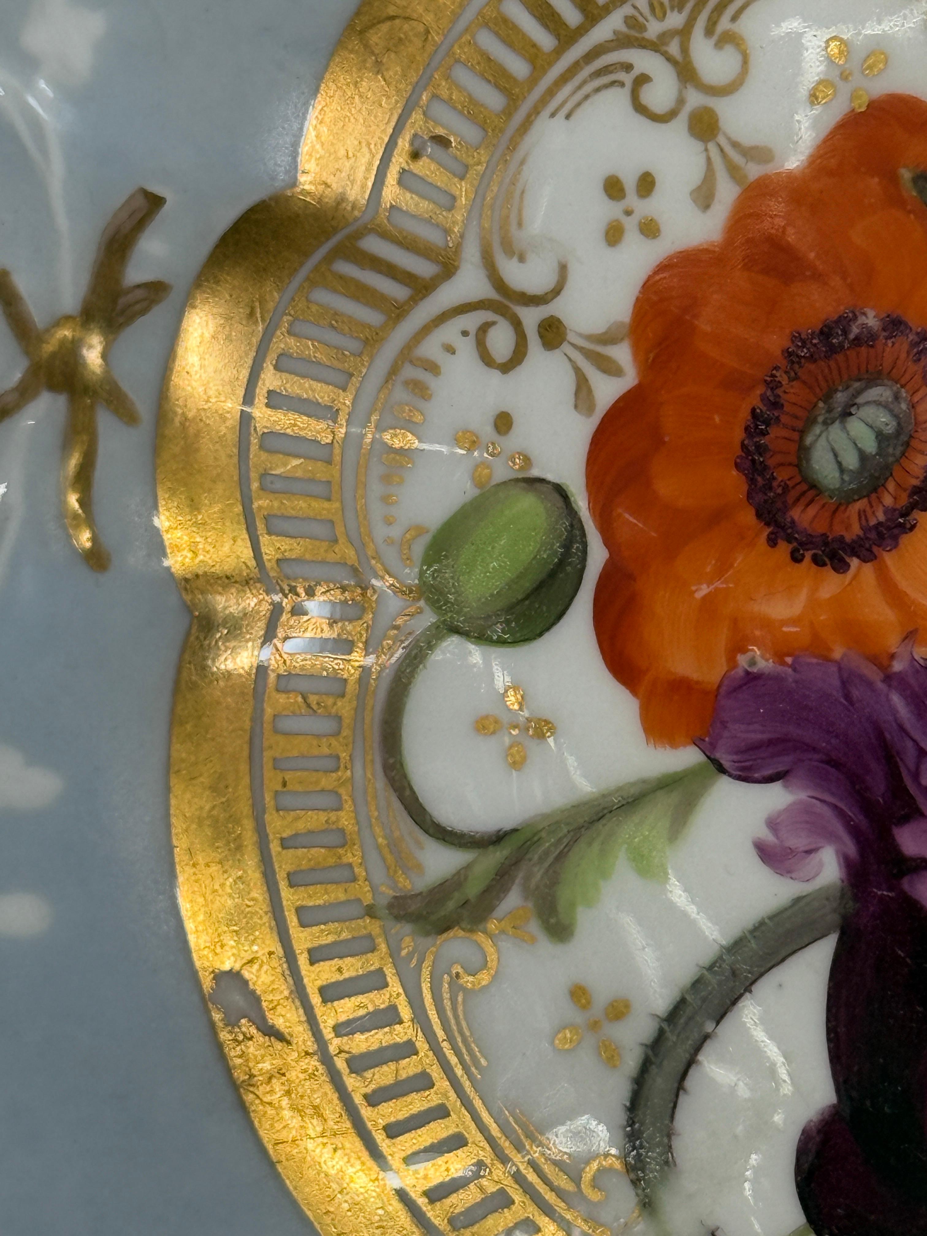 Porcelain Antique English John Rose Coalport Periwinkle and Gilt Botanical Dessert Shell For Sale