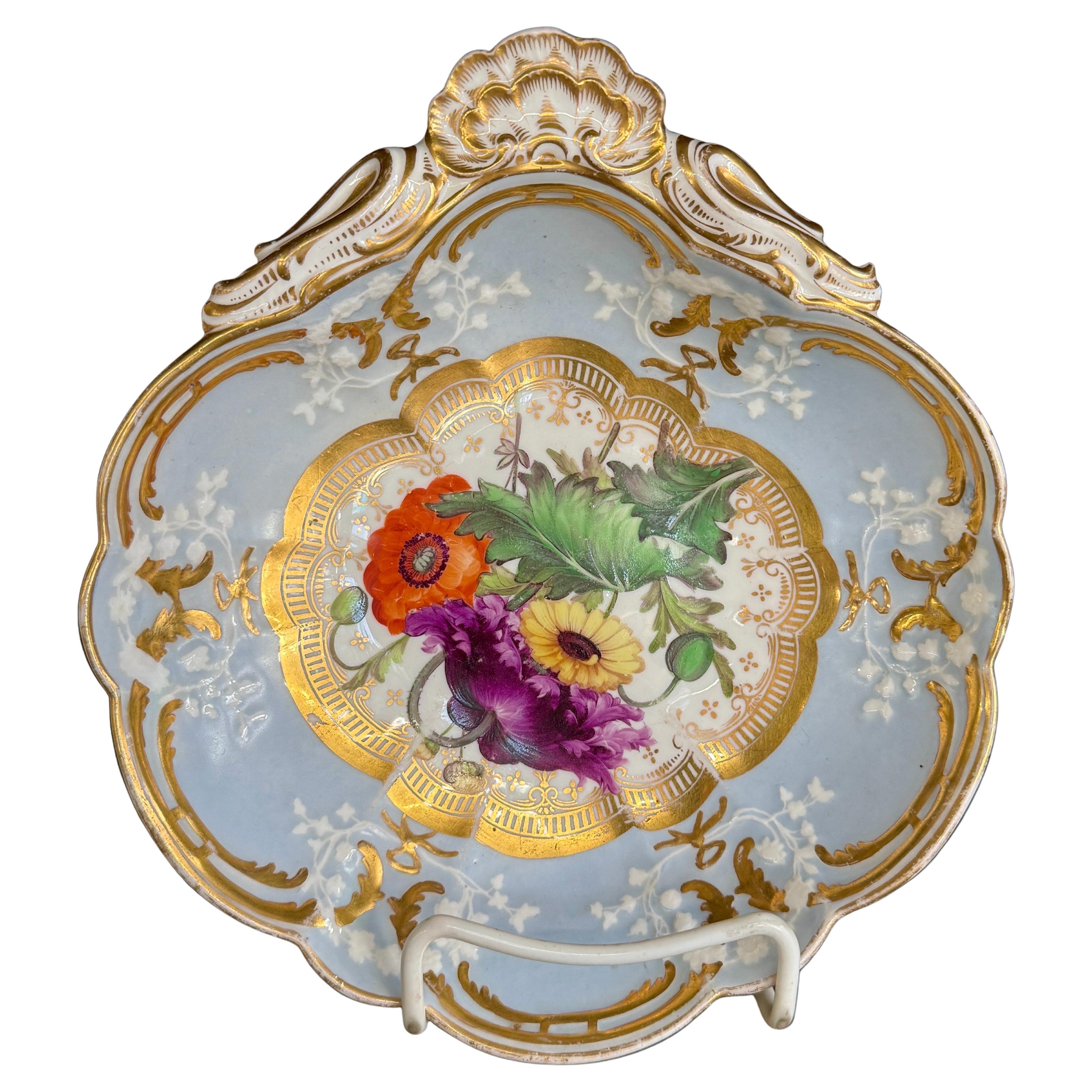 Antique English John Rose Coalport Periwinkle and Gilt Botanical Dessert Shell For Sale