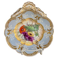 Antique English John Rose Coalport Periwinkle and Gilt Botanical Dessert Shell