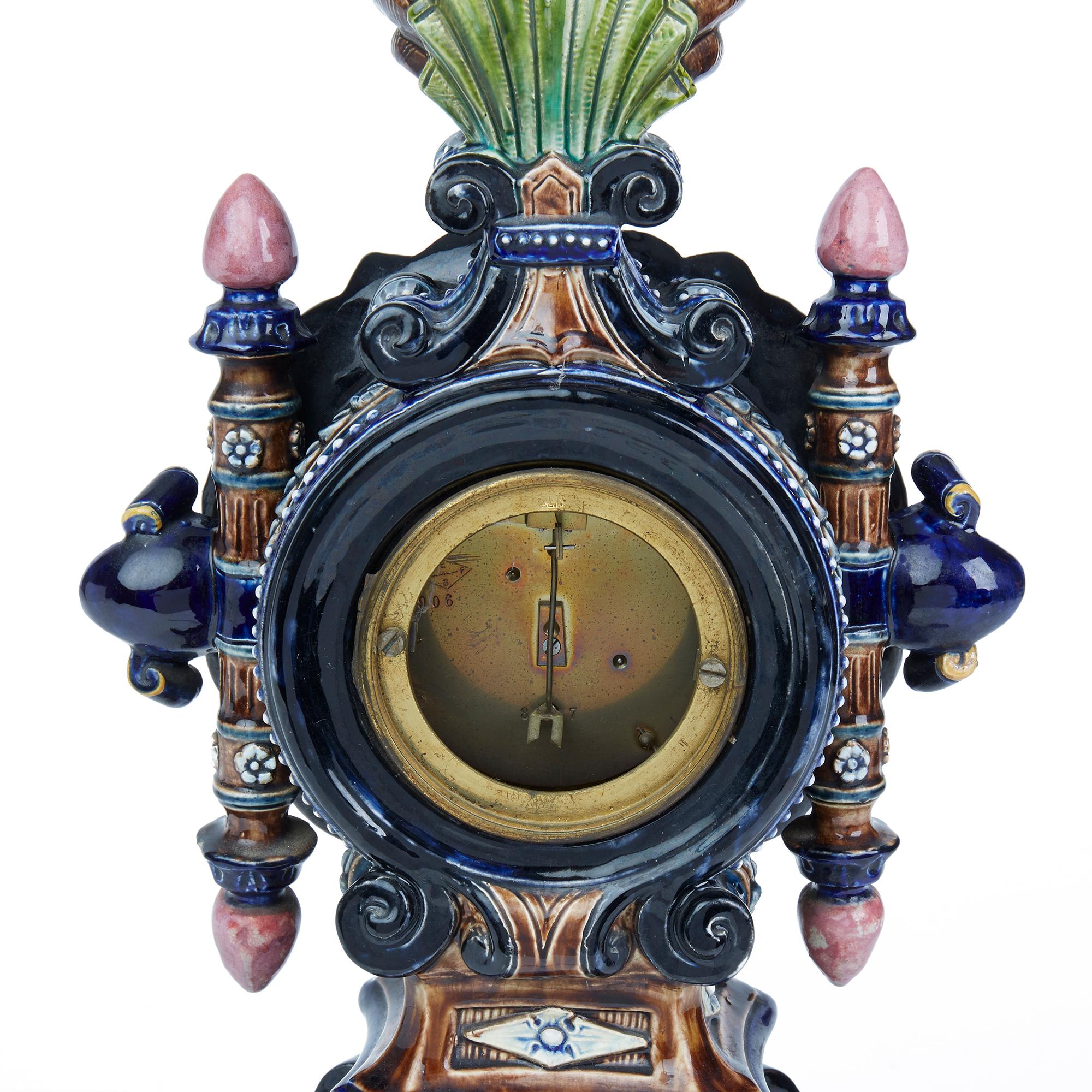 Antique English Joseph Roth Majolica Mantel Clock, 19th Century For Sale 4
