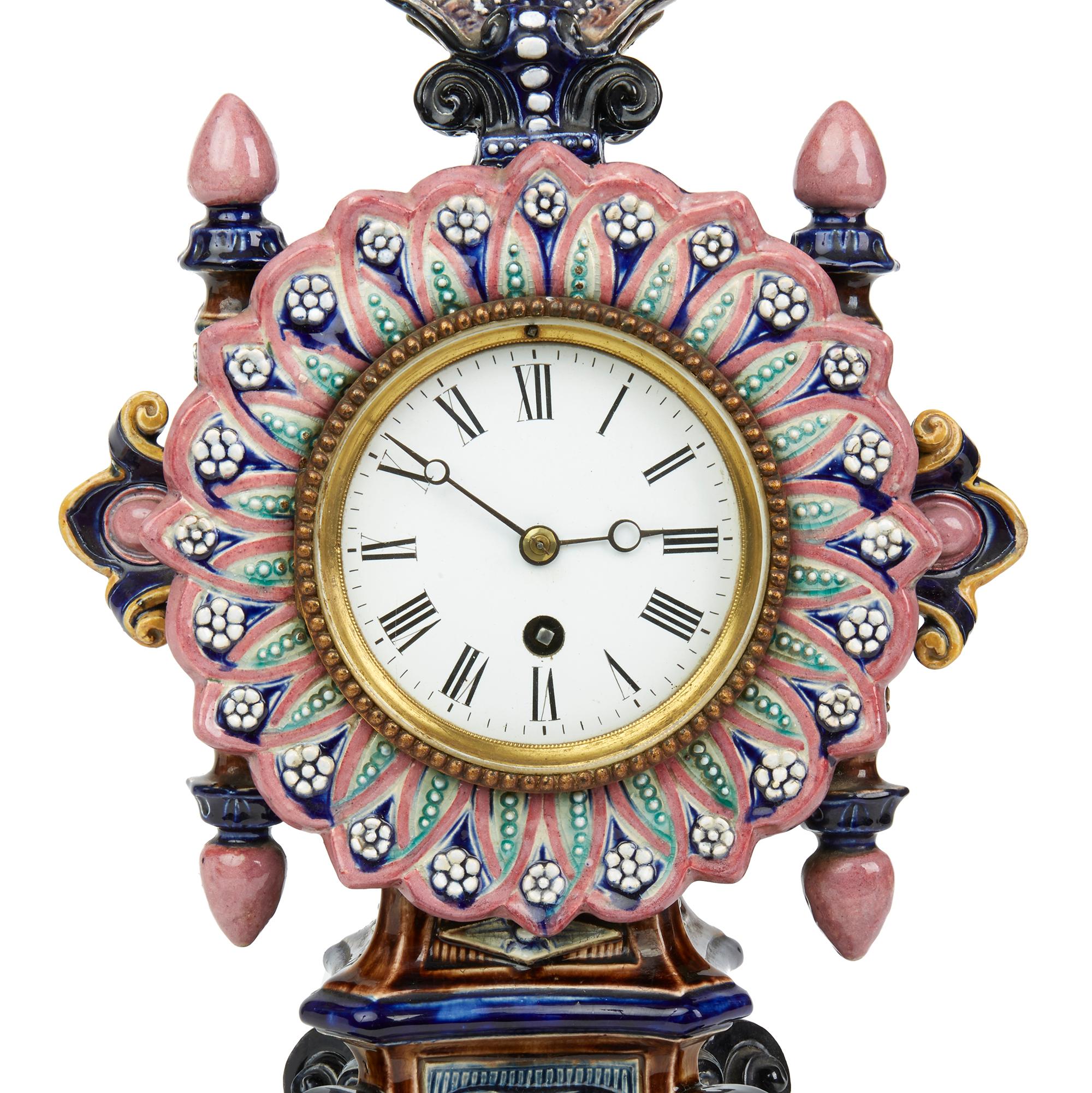 Late 19th Century Antique English Joseph Roth Majolica Mantel Clock, 19th Century For Sale