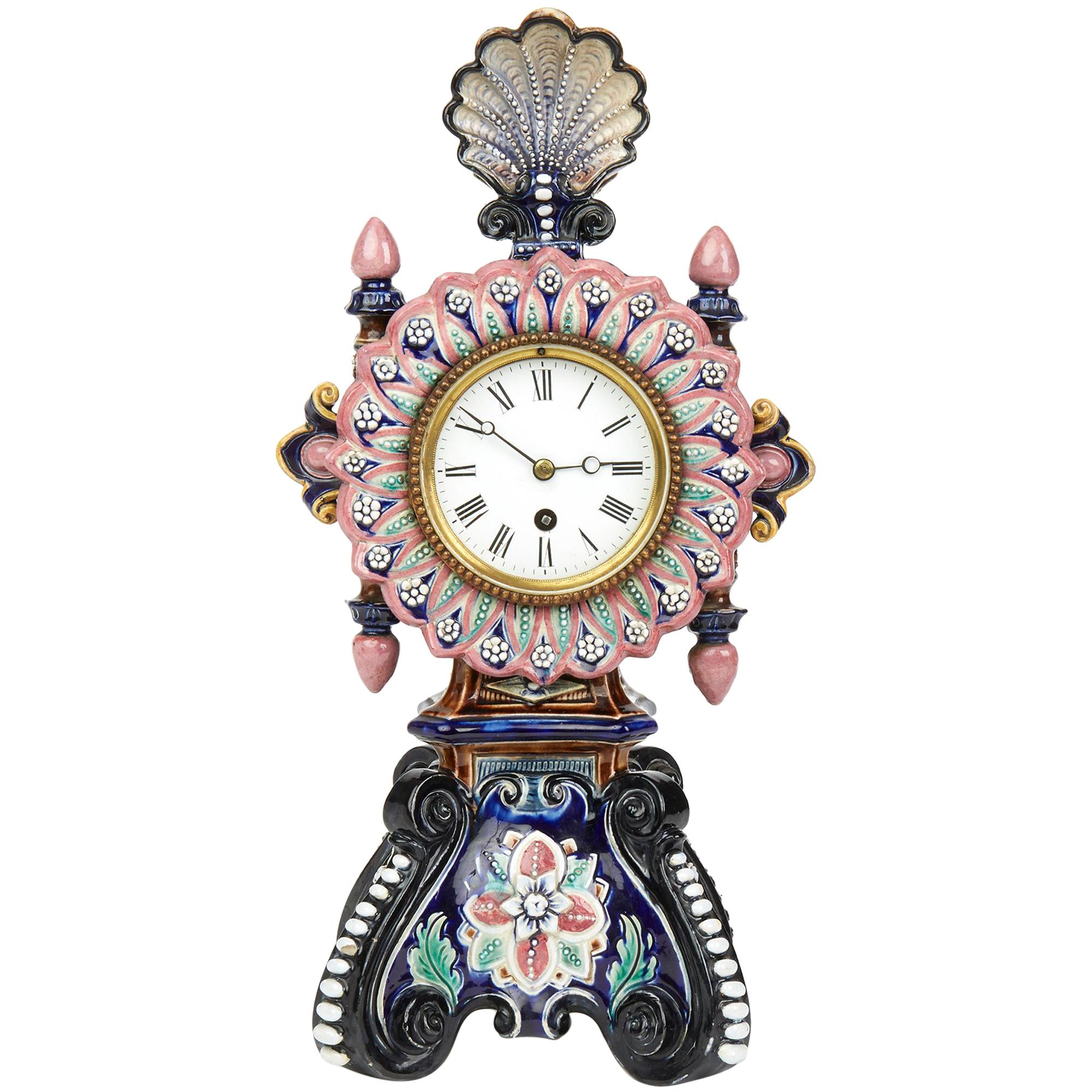 Antique English Joseph Roth Majolica Mantel Clock, 19th Century