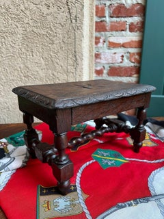 Antique English Kettle Stand Footstool Barley Twist Carved Oak Display Stool