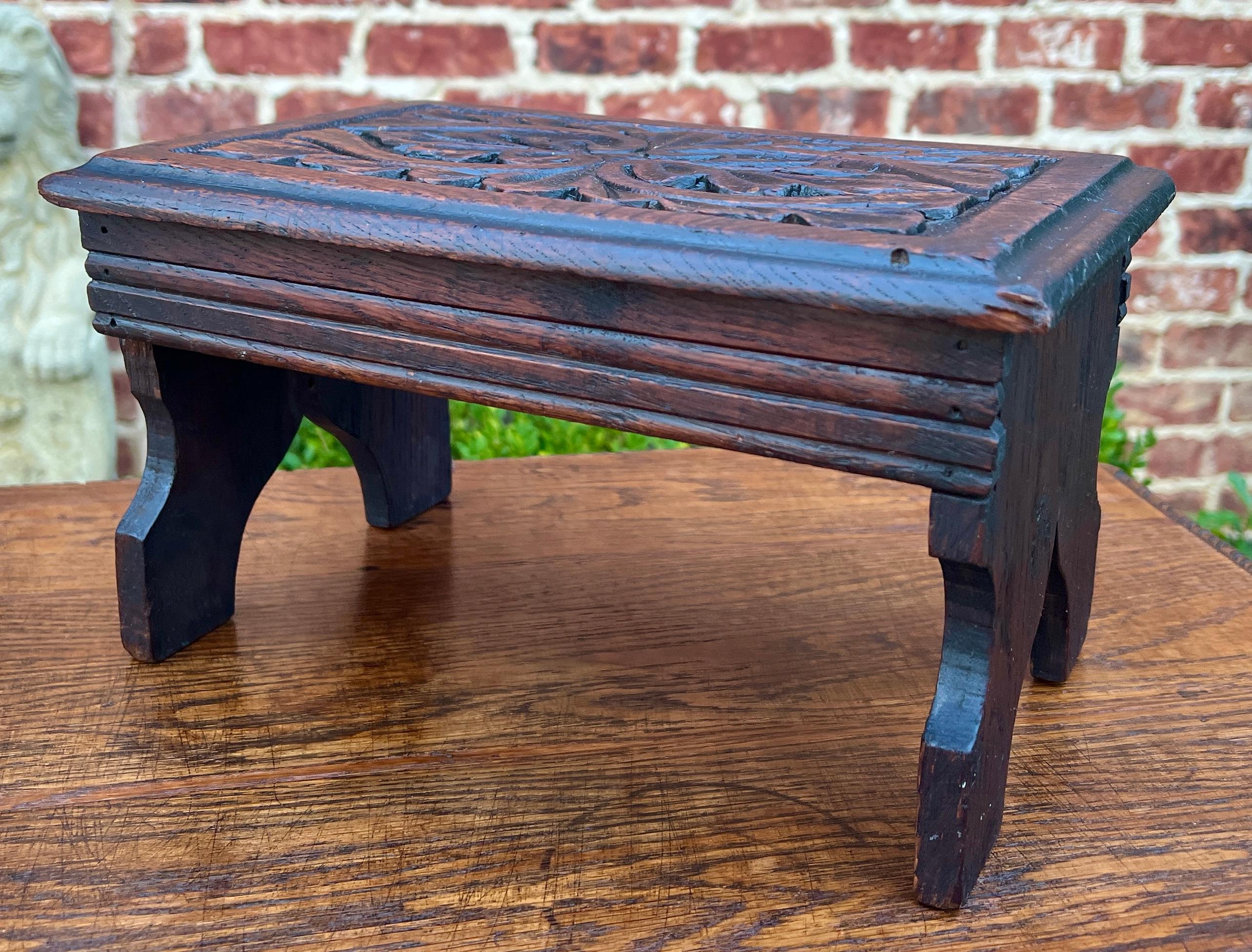 Antique English Kettle Stand Small Footstool Bench Carved Oak c. 1920s-30s 5