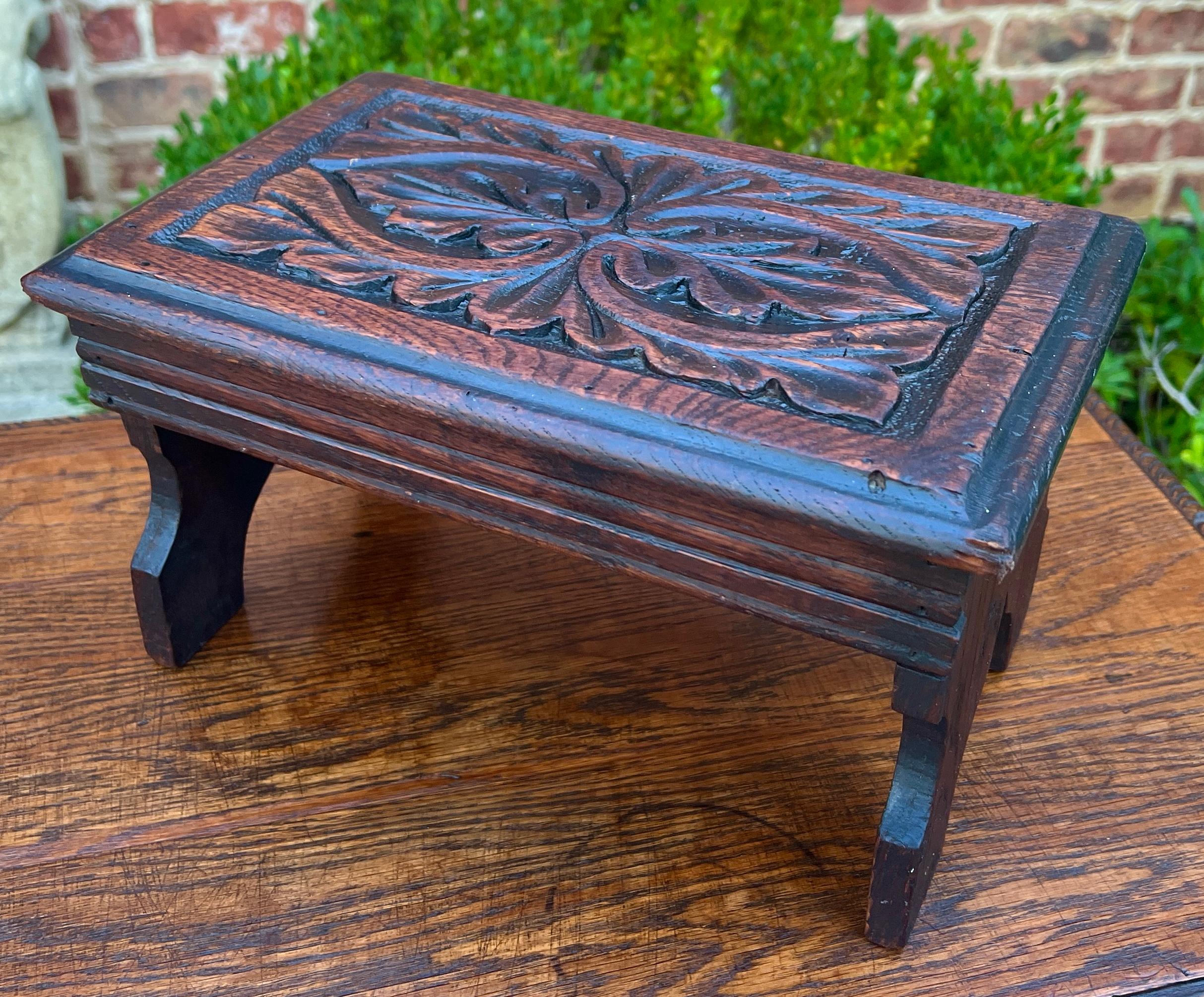 Antique English Kettle Stand Small Footstool Bench Carved Oak c. 1920s-30s 6