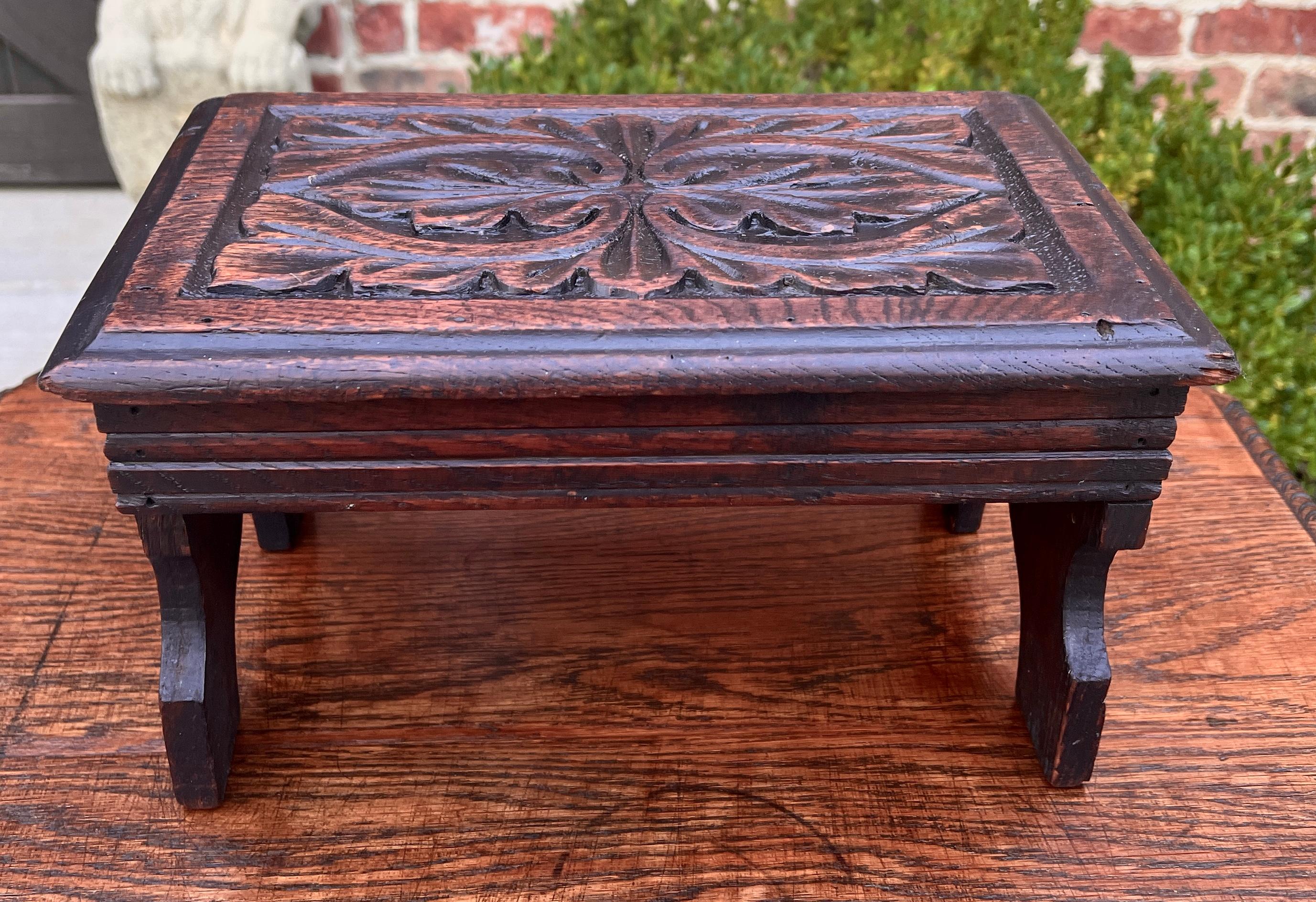 Jacobean Antique English Kettle Stand Small Footstool Bench Carved Oak c. 1920s-30s For Sale