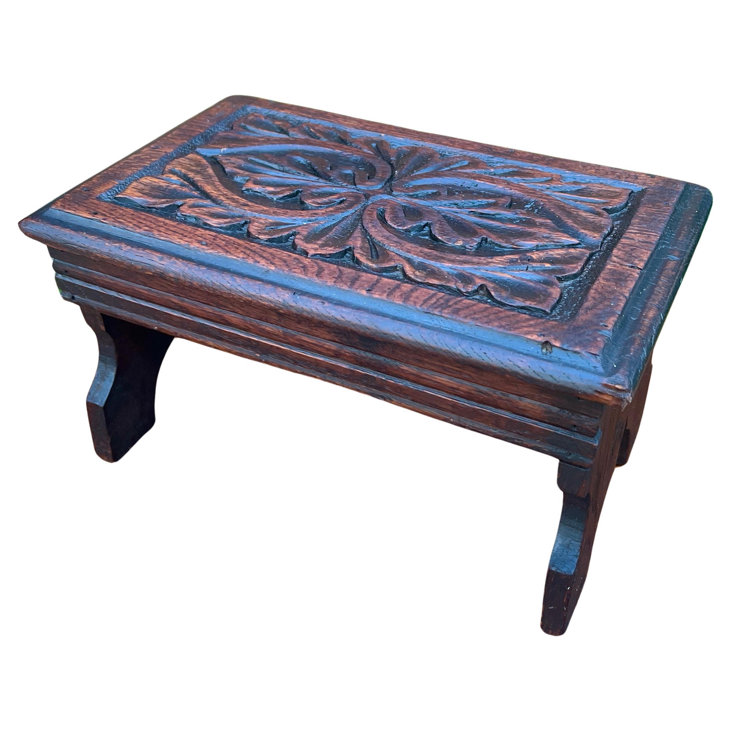 Antique English Kettle Stand Small Footstool Bench Carved Oak c. 1920s-30s For Sale