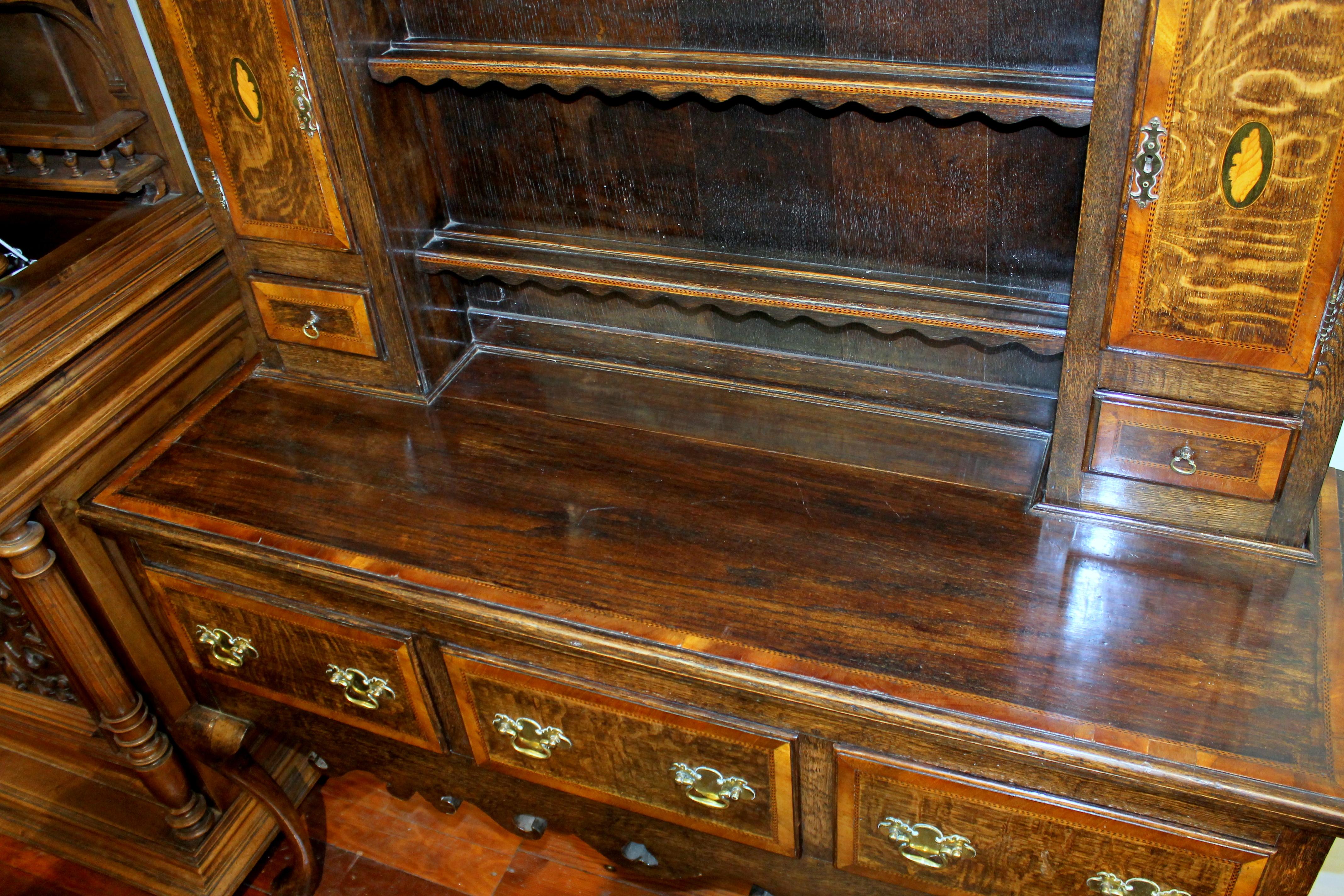 Antique English Lancashire Region Oak Welsh Dresser and Rack with Carved Apron 1