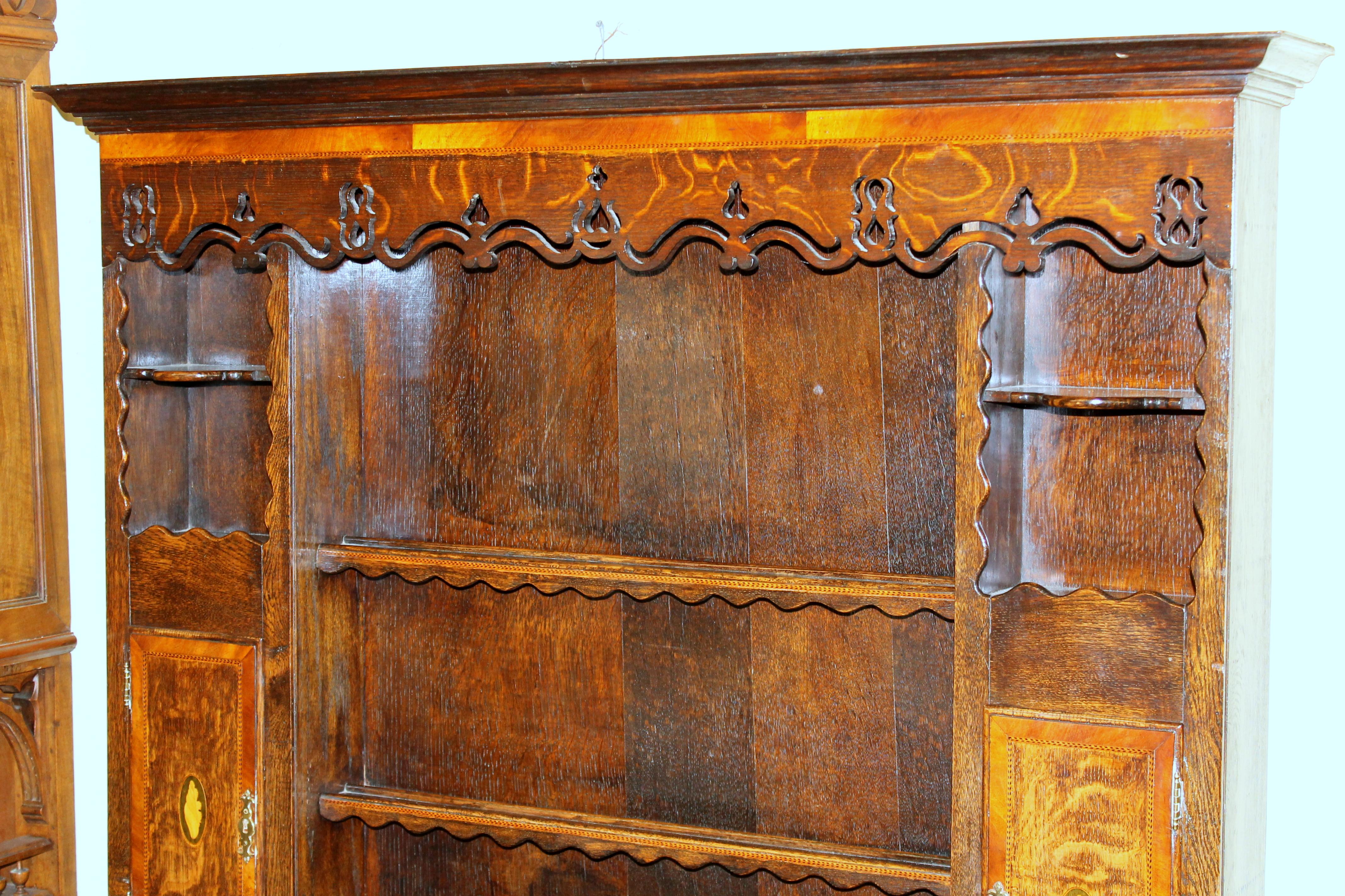 Queen Anne Antique English Lancashire Region Oak Welsh Dresser and Rack with Carved Apron
