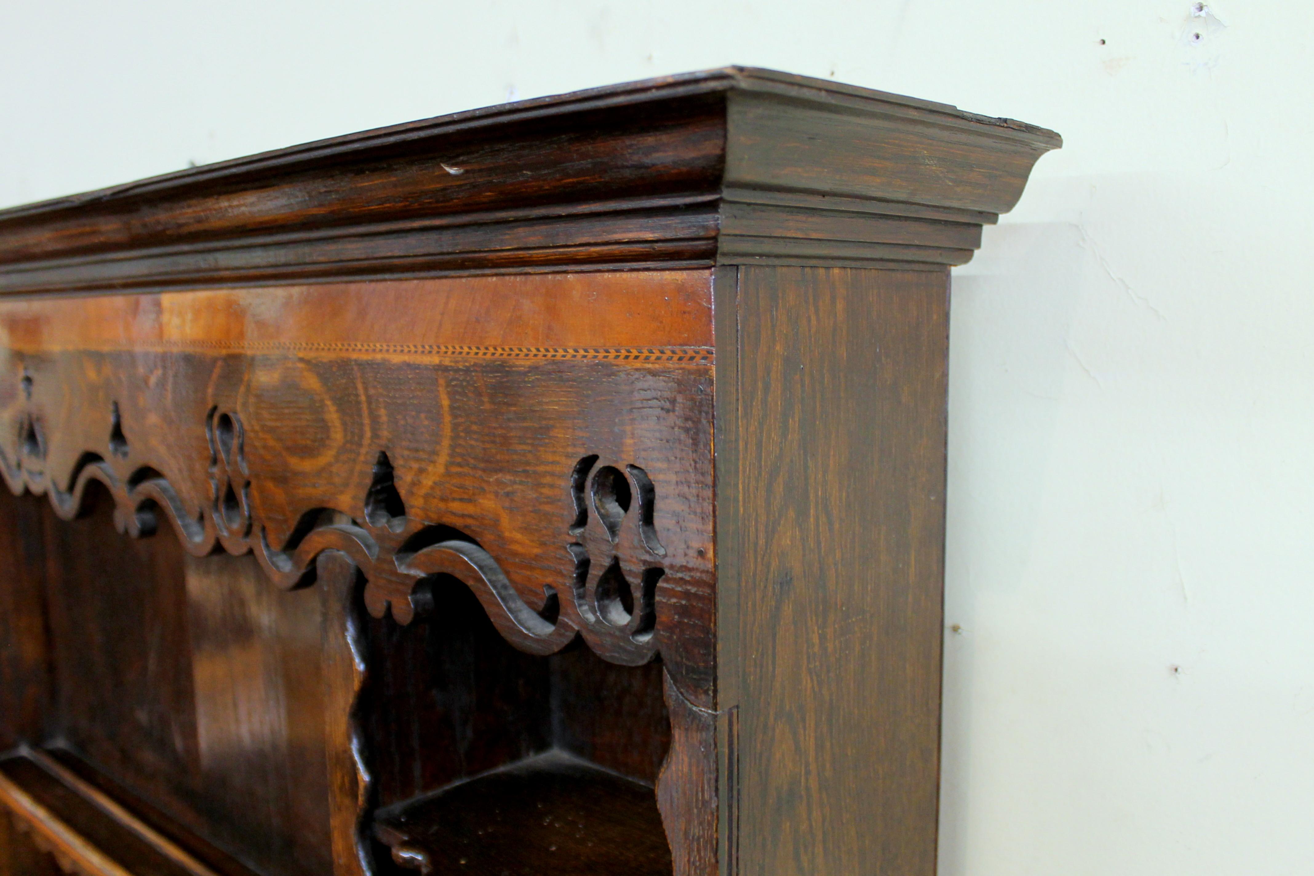 British Antique English Lancashire Region Oak Welsh Dresser and Rack with Carved Apron