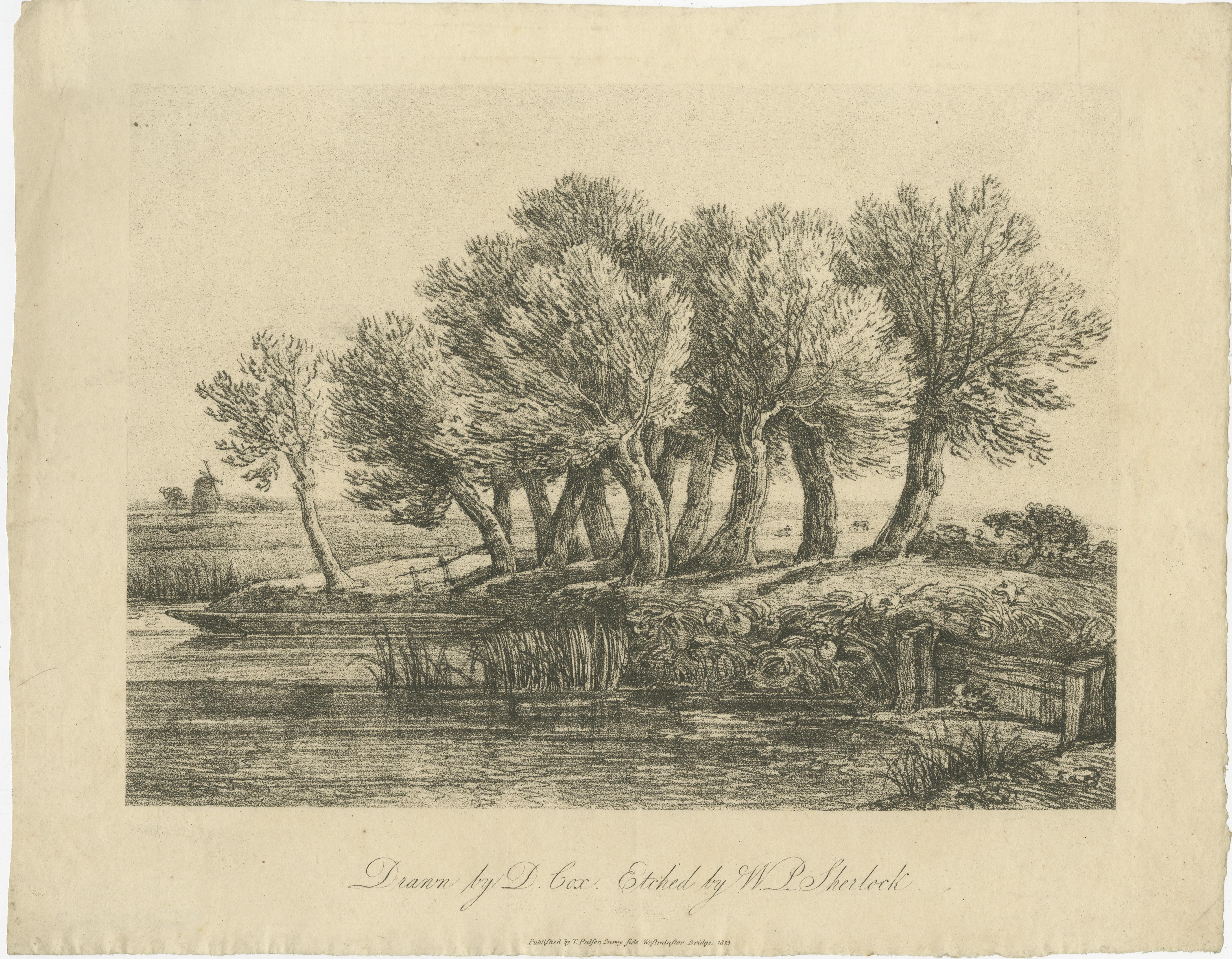 Antique English Landscape Etchings, Cottage & Trees – Sherlock, 1811