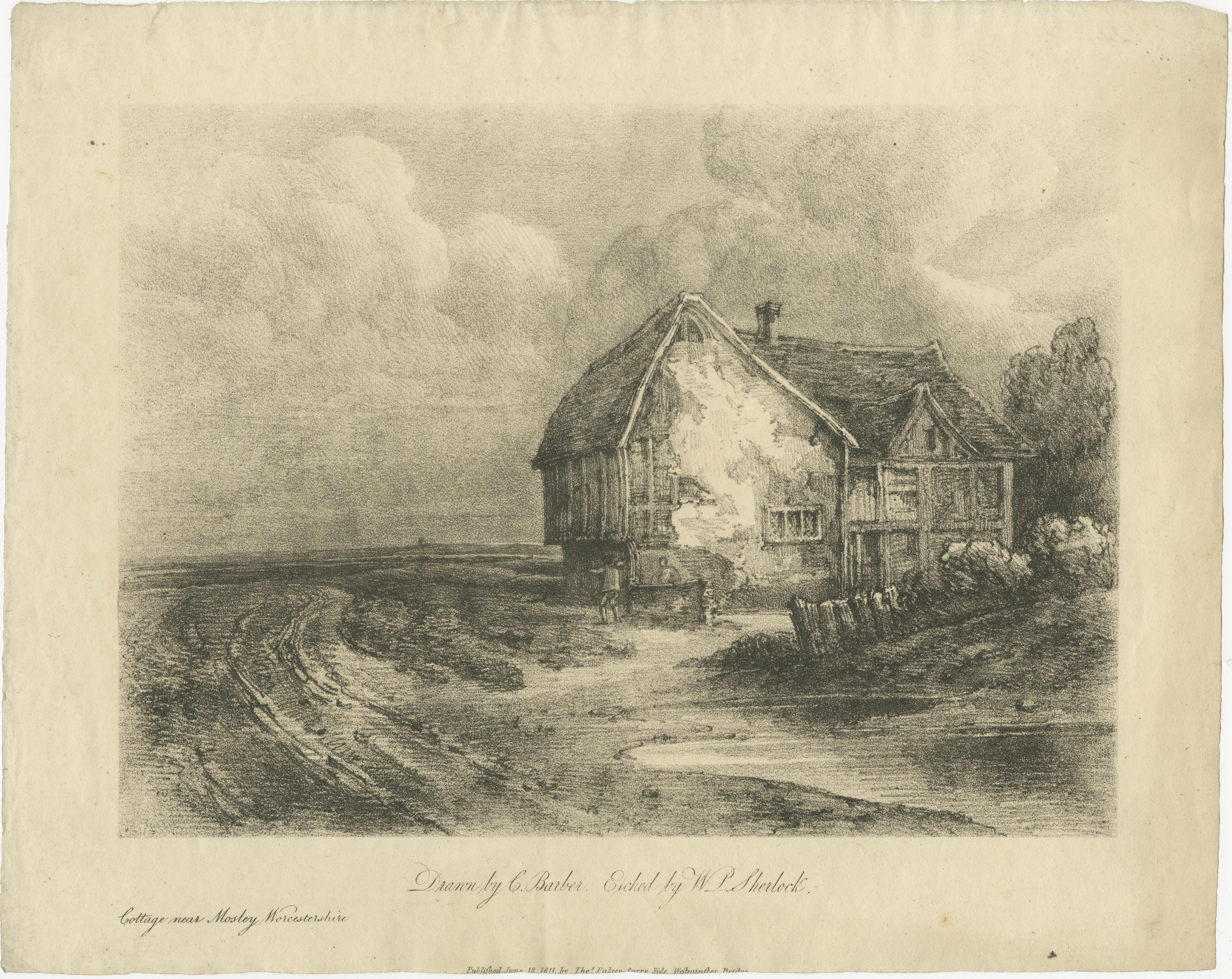 Antique English Landscape Etchings, Cottage & Trees – Sherlock, 1811