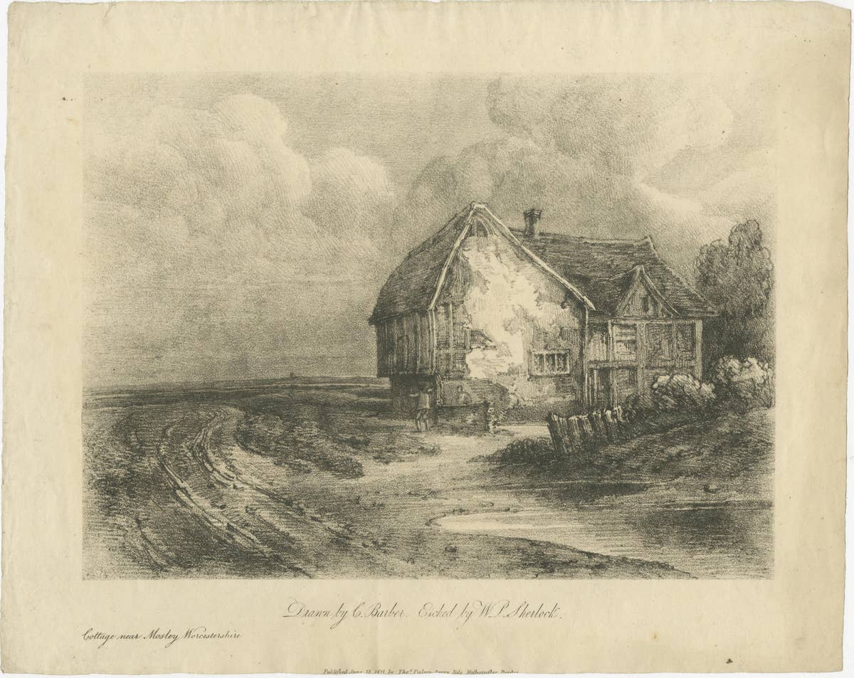 Antique English Landscape Etchings, Cottage & Trees – Sherlock, 1811