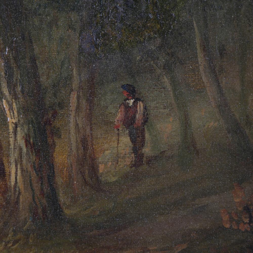 Antique English oil on canvas painting by William Currie, R.A. (British 1846-1892) depicts river landscape with figure hiking, seated in foliate giltwood frame, artist signed W. Currie, 19th century. 

Measures: 19