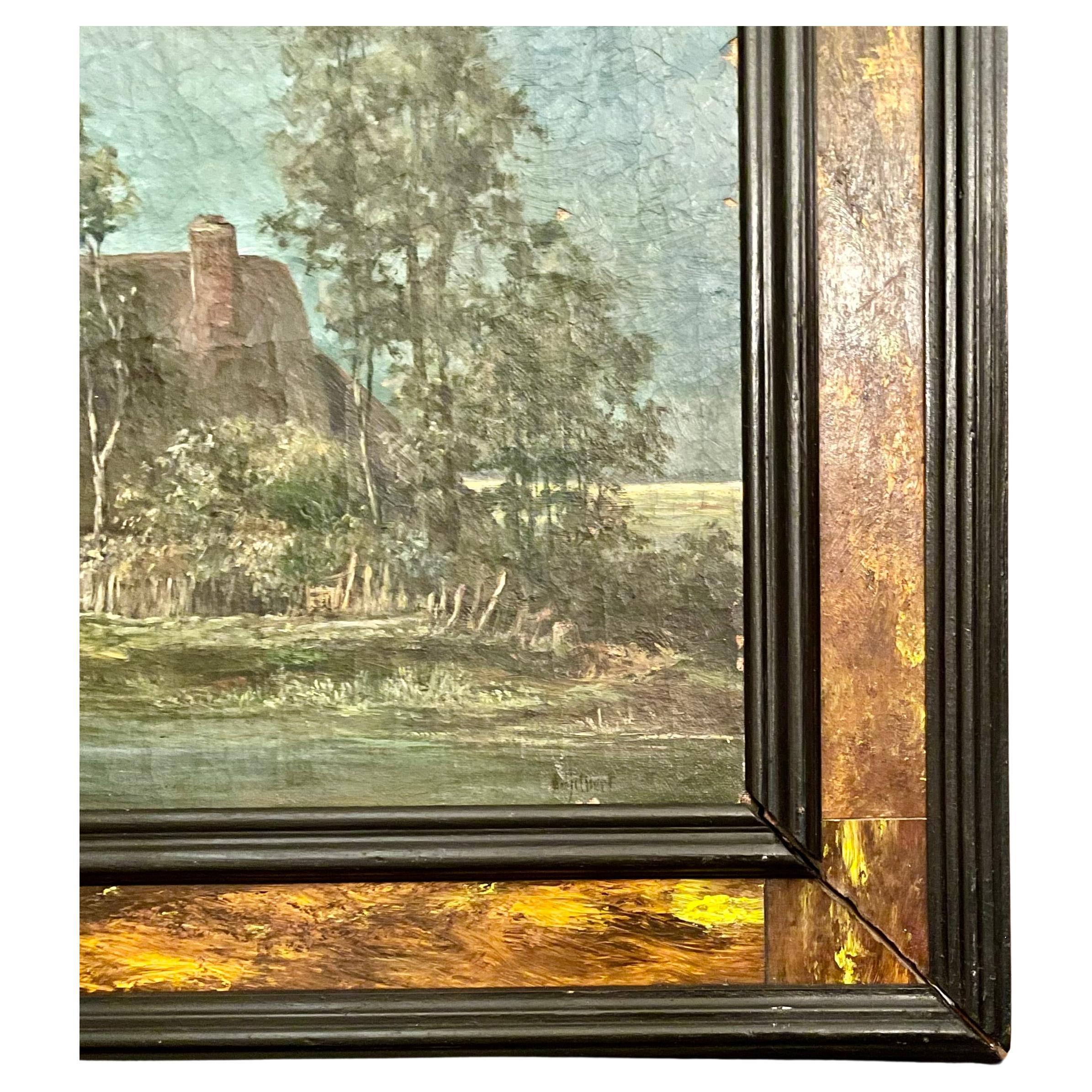 Antiguo cuadro inglés de paisaje al óleo sobre lienzo, hacia 1900.
Firmado 