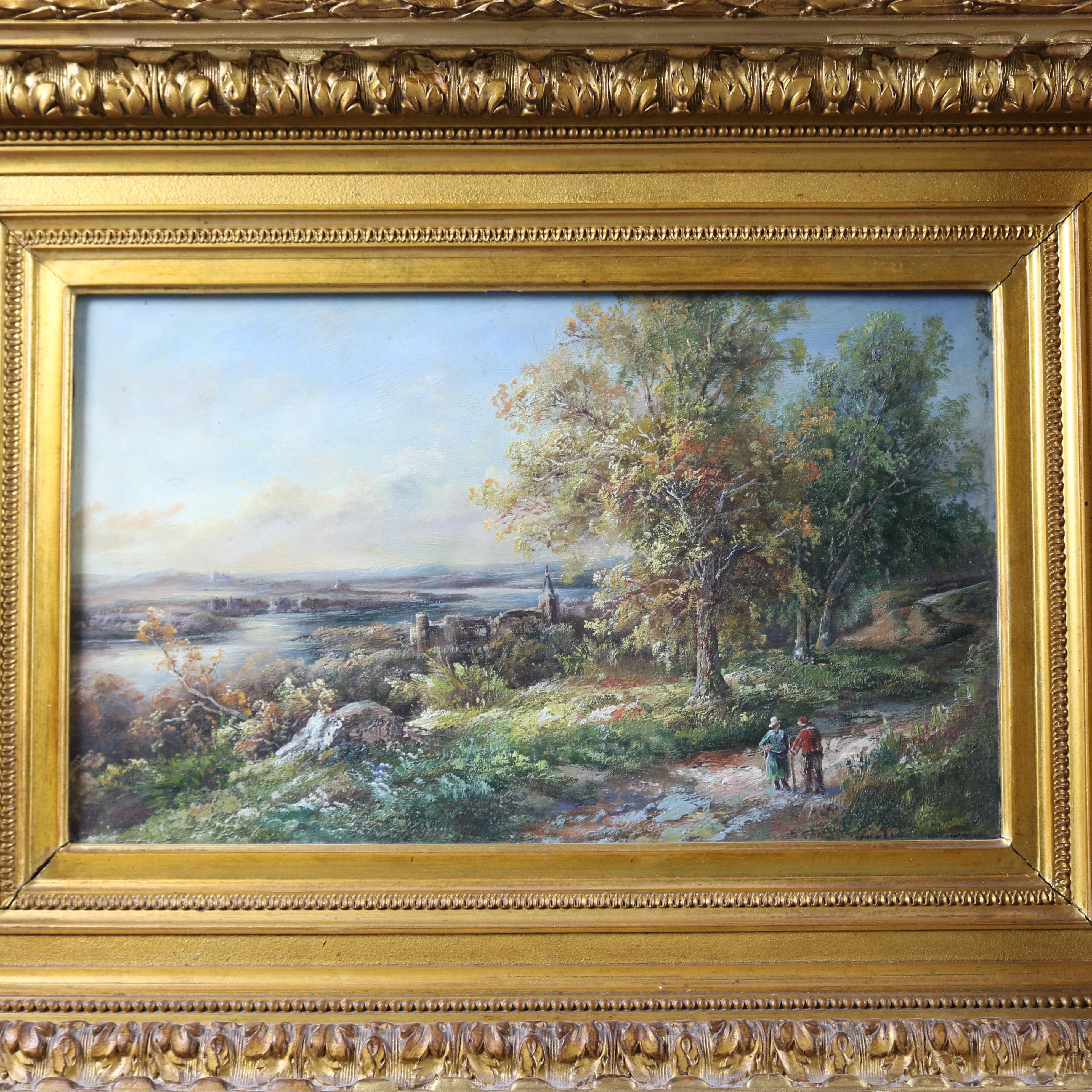 An antique English landscape watercolor on paper depicts countryside scene with figures on path and river in background, seated in giltwood frame, circa 1880.

Measures - overall 11.75