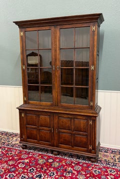 Antique English Large Bookcase Bookshelf Cabinet Double Door Glass Oak c. 1910s